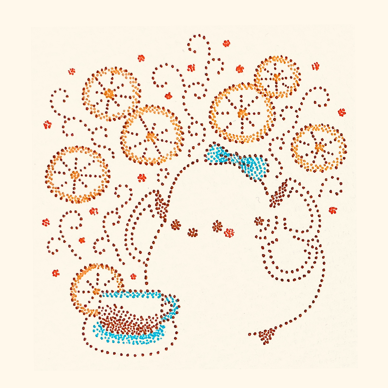 original, commentary request, highres, traditional media, animal focus, bird, blue bow, bow, cup, food, fruit, lemon, lemon slice, long-tailed tit, no humans, solo, tea, teacup, tit (bird), usagi shigeko