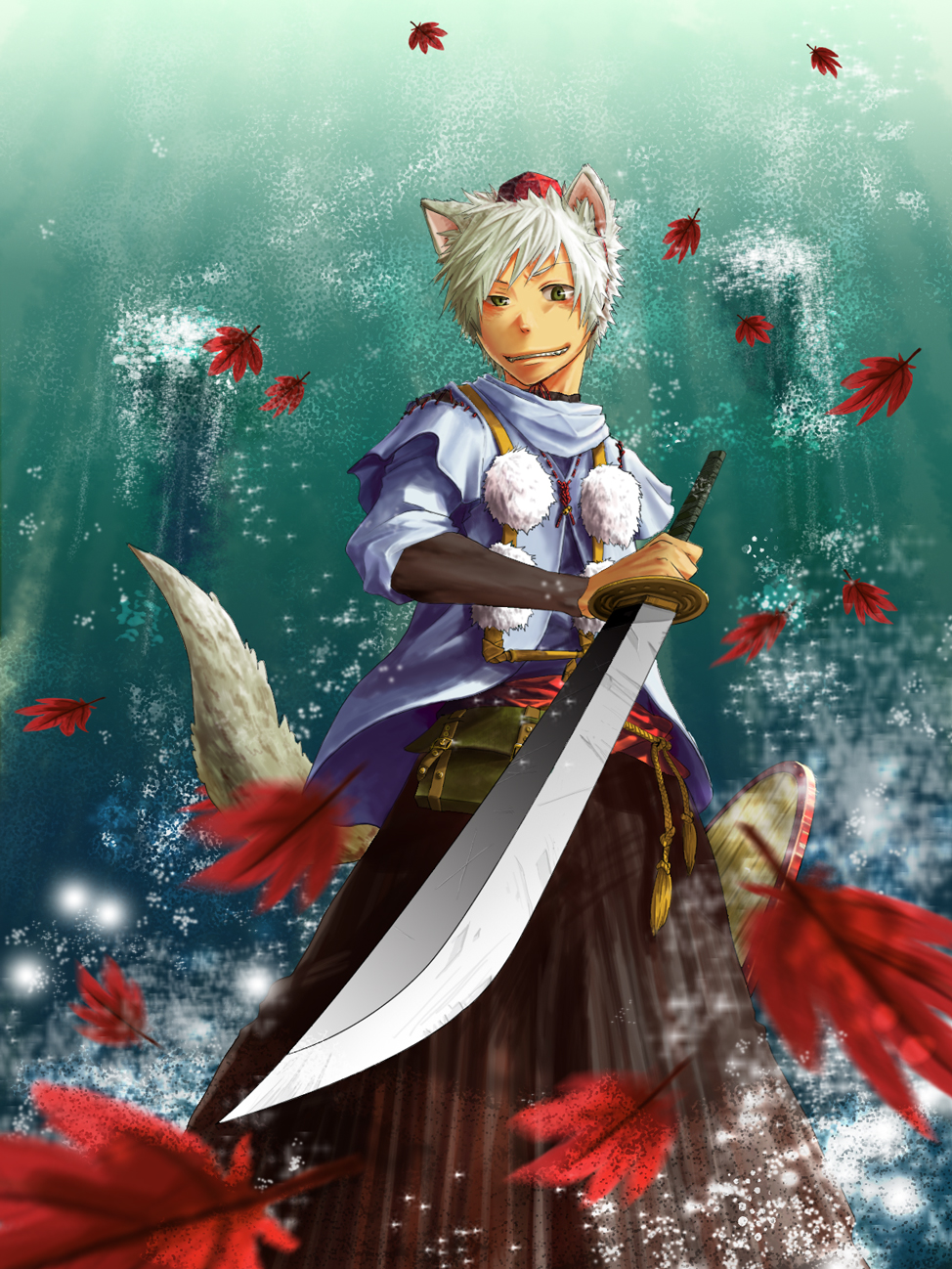 kyouno, inubashiri momiji, touhou, highres, 1boy, animal ears, detached sleeves, genderswap, genderswap (ftm), green eyes, hat, leaf, male focus, shield, short hair, solo, sword, tail, tokin hat, weapon, white hair, wolf ears, wolf tail