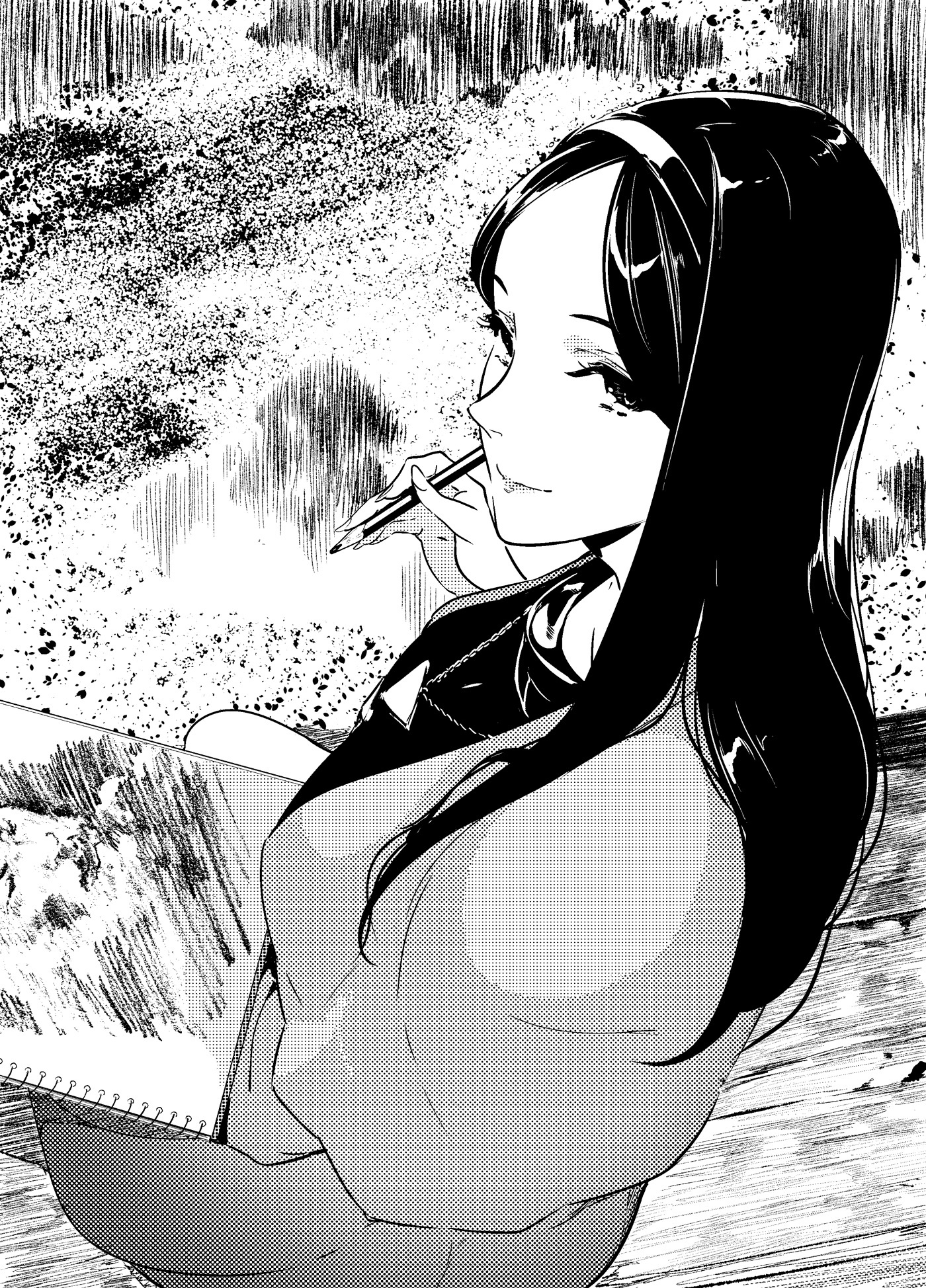 pako (pakosun), nishizono ririka, occultic;nine, science adventure, highres, non-web source, official art, 1girl, black hair, breasts, capelet, closed mouth, eye of providence, from side, greyscale, holding, holding notebook, jewelry, long hair, looking at viewer, mature female, monochrome, necklace, notebook, outdoors, profile, smile, solo, upper body