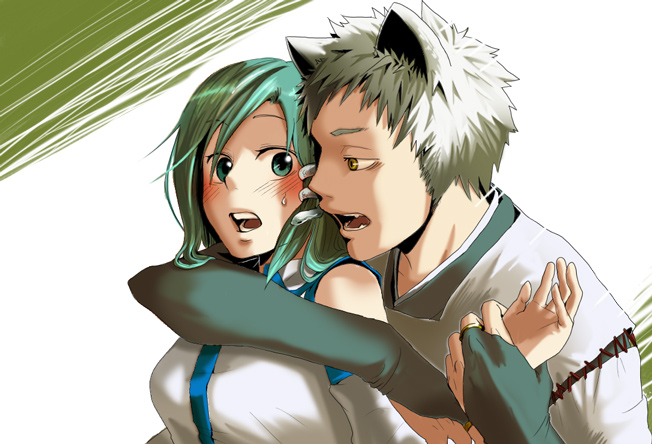 kyouno, inubashiri momiji, kochiya sanae, touhou, 1boy, 1girl, animal ears, blush, detached sleeves, genderswap, genderswap (ftm), green eyes, green hair, short hair, snake, white hair, wolf ears, yellow eyes, you gonna get raped