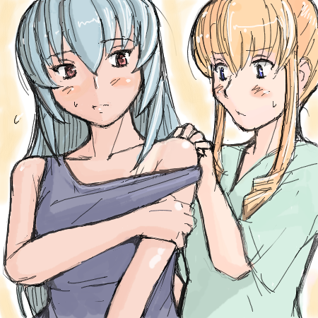 tsuda nanafushi, shinku, suigintou, rozen maiden, silver hair, lowres, 00s, aged up, blonde hair, blue eyes, casual, long hair, off shoulder, red eyes