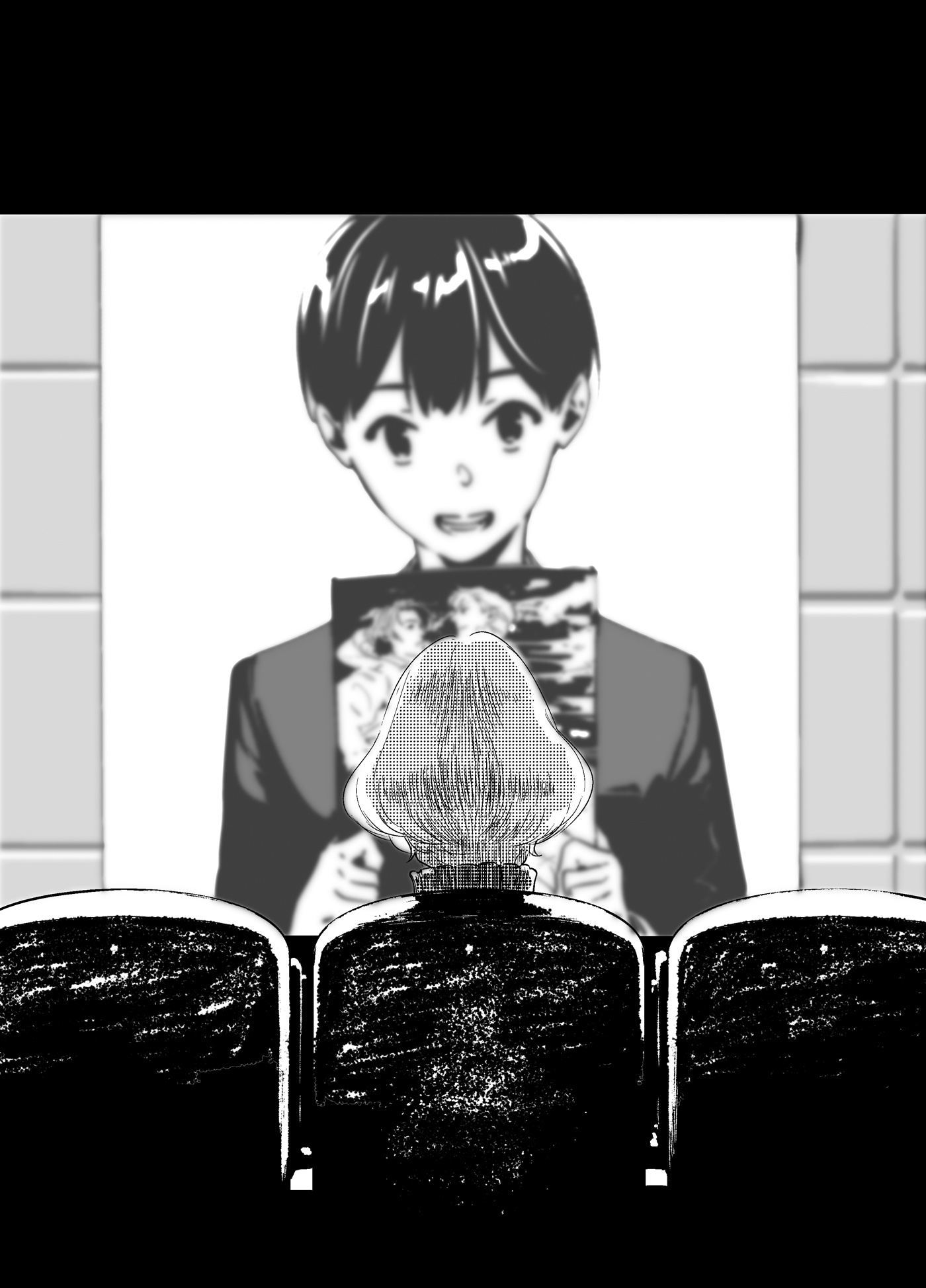 pako (pakosun), moritsuka shun, occultic;nine, science adventure, fluffy hair, highres, non-web source, official art, 1boy, 1girl, :d, black hair, blonde hair, greyscale, hair between eyes, holding, indoors, kisaki asuna, long sleeves, looking at another, looking at viewer, male focus, monochrome, movie theater, open mouth, short hair, smile, upper body, watching