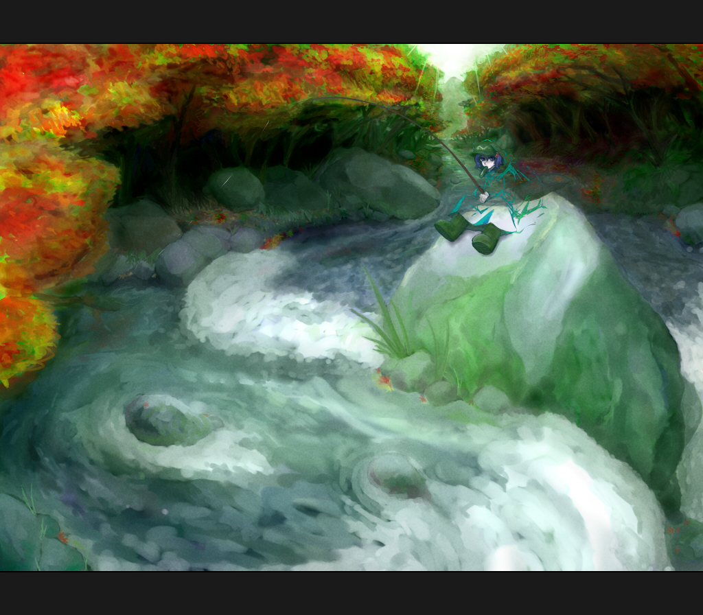 ema non, ema non (pixiv24963), kawashiro nitori, touhou, bad id, bad pixiv id, 1girl, boots, camouflage, cucumber, female focus, fishing rod, forest, green boots, landscape, letterboxed, nature, river, scenery, solo, two side up