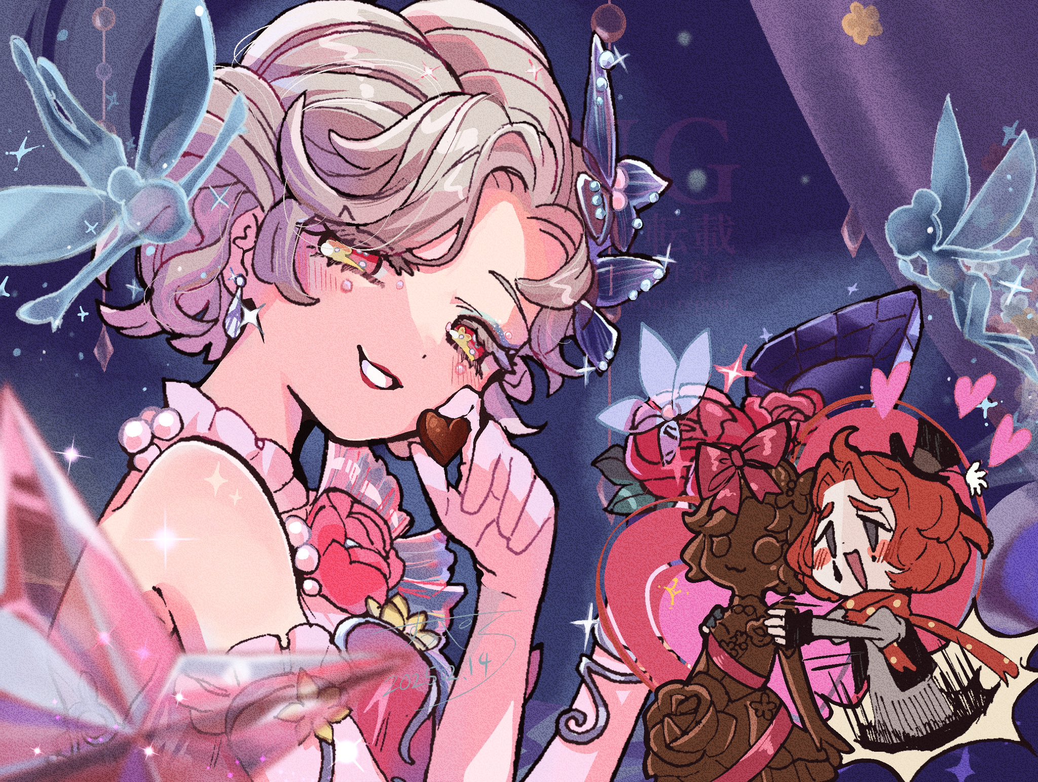 perorinsr, margaretha zelle, margaretha zelle (sylphide), weeping clown (identity v), identity v, commentary request, highres, 1boy, 1girl, :d, blonde hair, blush, butterfly hair ornament, candy, chibi, chocolate, chocolate heart, colored eyelashes, earrings, elbow gloves, fairy, flower, food, frilled gloves, frills, gloves, grey eyes, grin, hair intakes, hair ornament, hat, heart, heart-shaped food, holding, holding chocolate, holding food, jewelry, looking at viewer, mini hat, mini top hat, multicolored eyes, off shoulder, official alternate costume, open mouth, pink eyes, pink flower, pink lips, pink rose, red hair, rose, smile, smirk, striped blush, top hat, two-tone eyes, updo, white gloves, yellow eyes