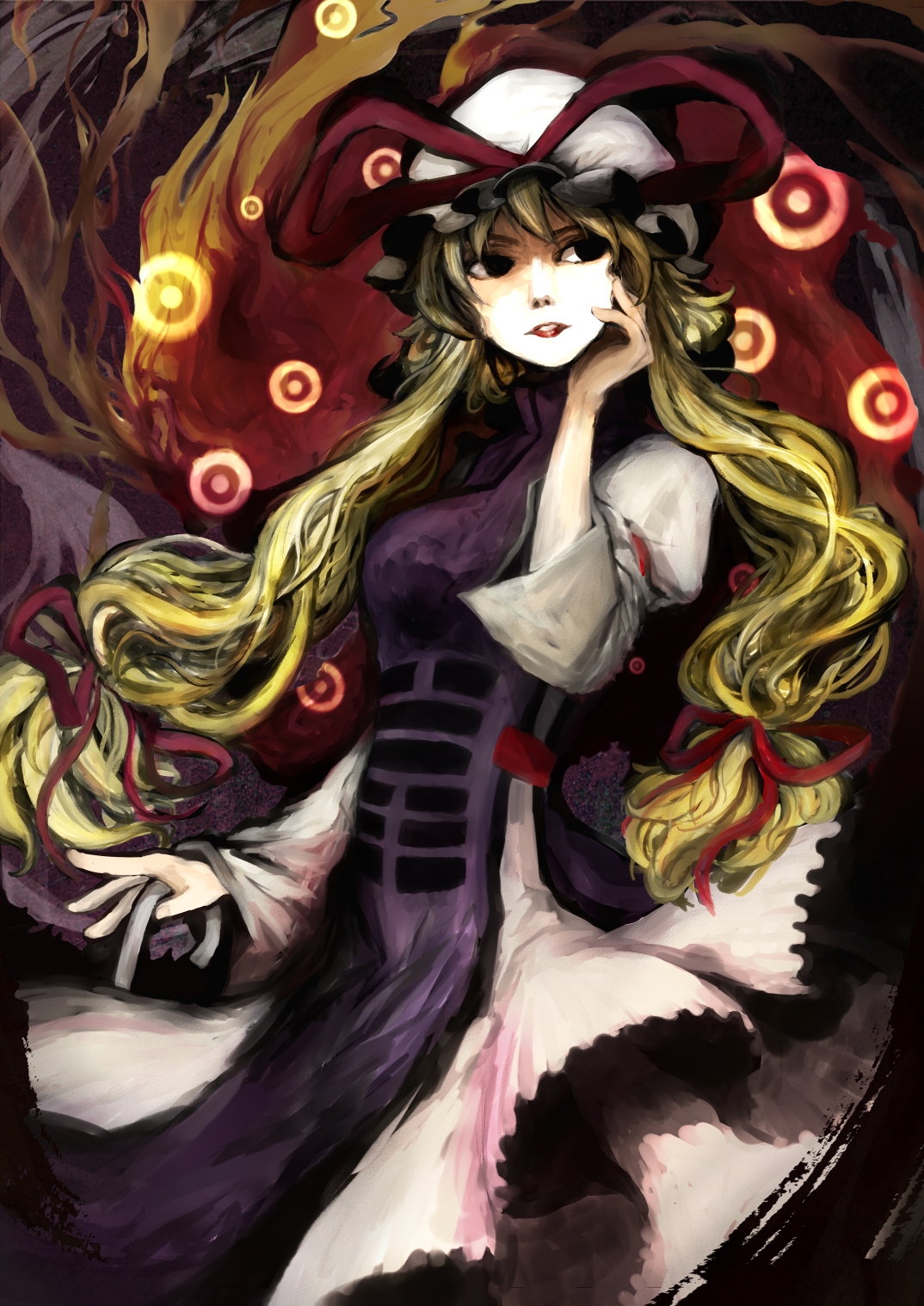 ema non, ema non (pixiv24963), yakumo yukari, touhou, bad id, bad pixiv id, highres, 1girl, blonde hair, female focus, hat, long hair, solo