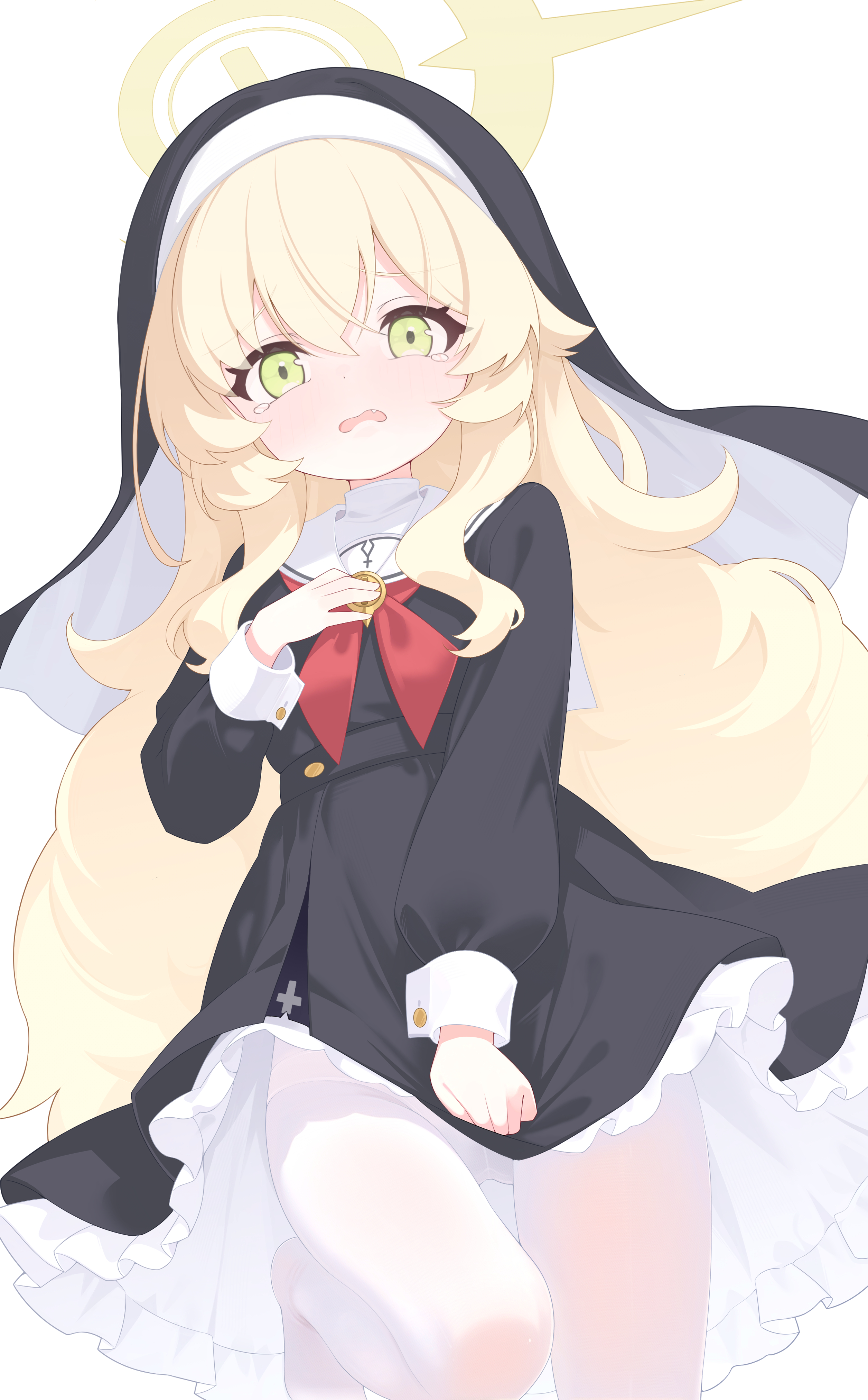 jiuchong ying fengxue, professor niyaniya (blue archive), blue archive, absurdres, commentary, highres, revision, 1girl, black dress, blonde hair, dress, green eyes, guimpe, halo, long hair, looking at viewer, nun, panties, panties under pantyhose, pantyhose, sailor collar, sailor dress, short dress, simple background, solo, underwear, wavy hair, white background, white pantyhose, white sailor collar, yellow halo