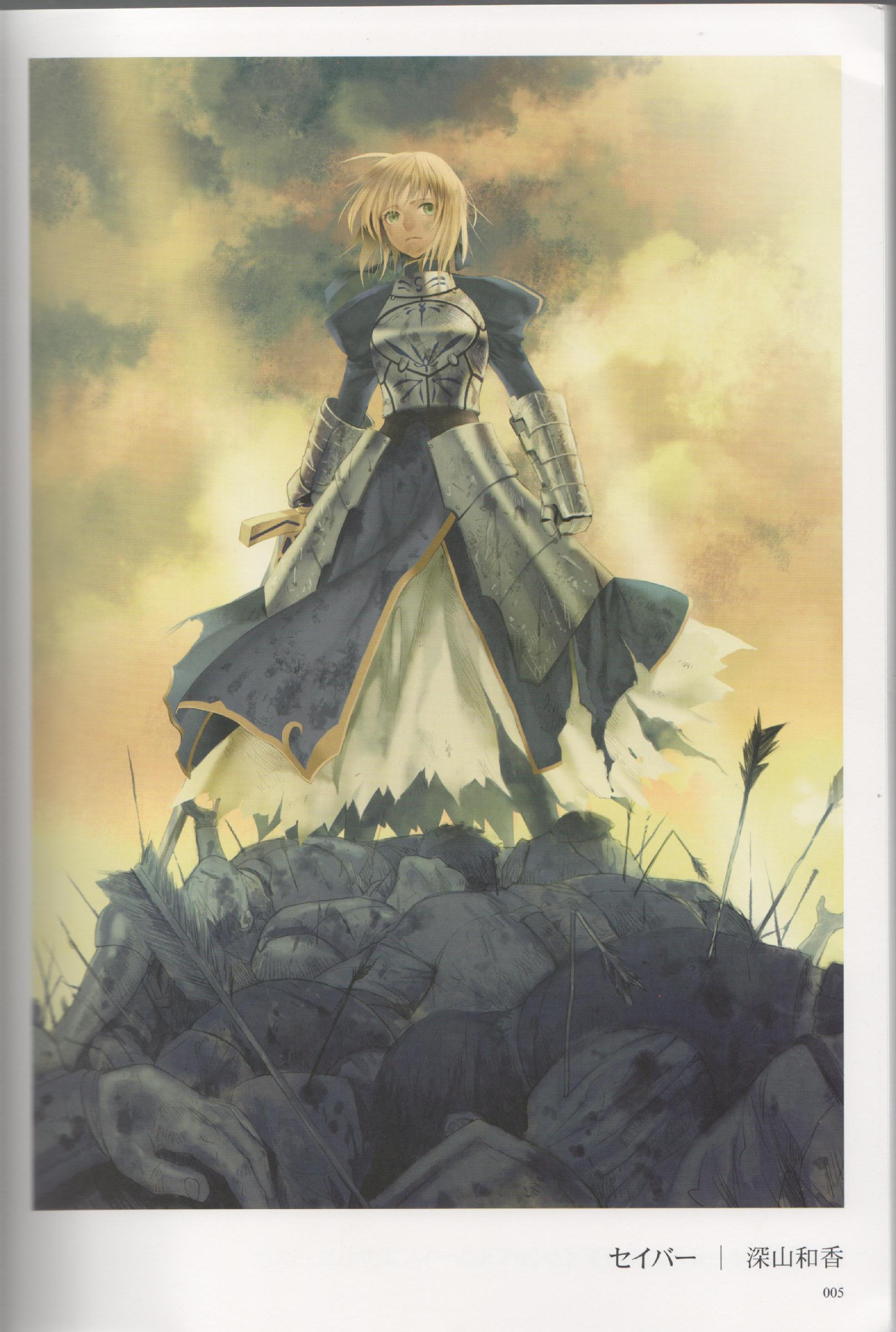 miyama waka, artoria pendragon (fate), saber (fate), fate/stay night, fate/zero, fate (series), absurdres, highres, scan, 00s, 1girl, armor, armored dress, arrow (projectile), battlefield, blonde hair, blood, death, dress, female focus, green eyes, hair ribbon, ribbon, short hair, solo, sword, weapon