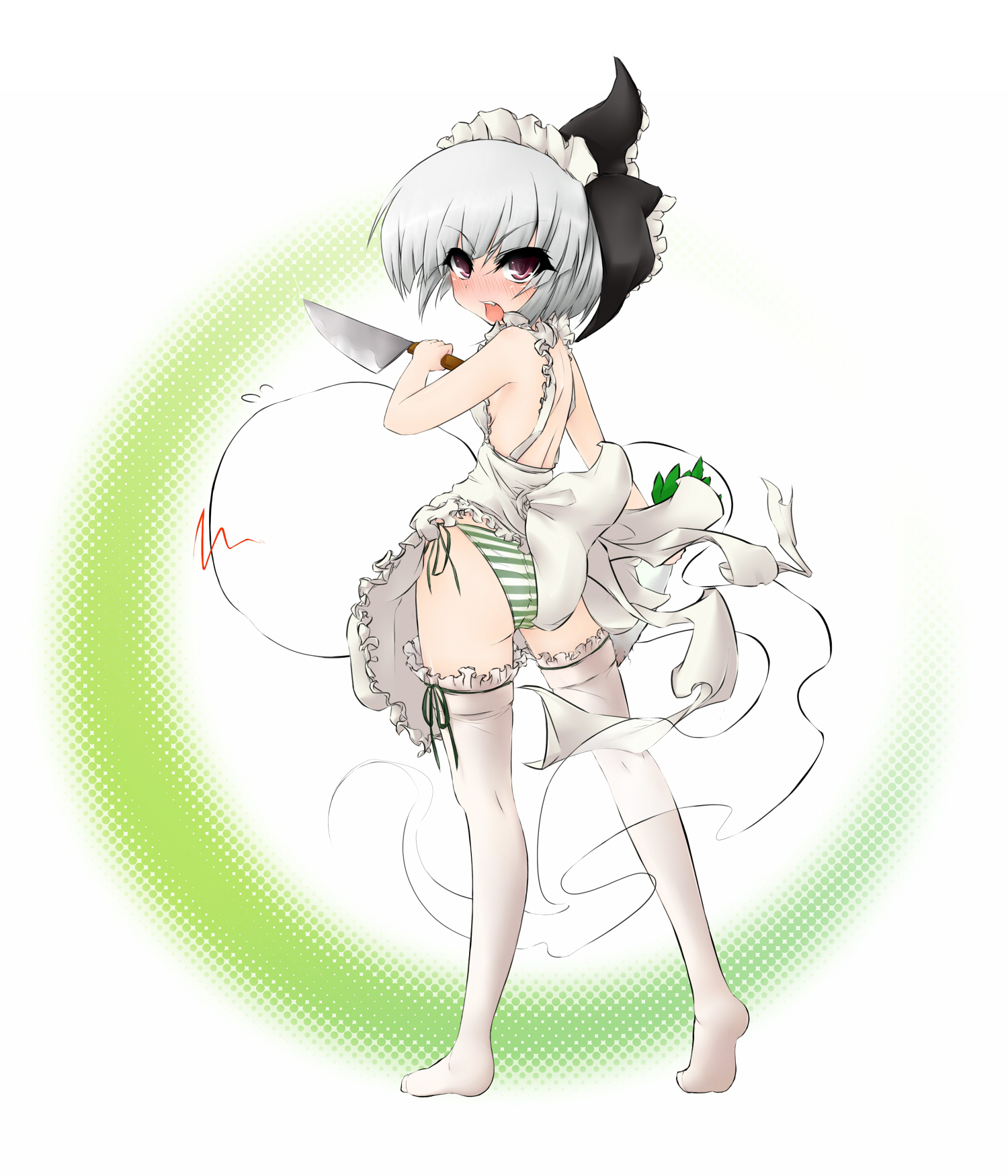 moritomoetomomi, konpaku youmu, konpaku youmu (ghost), touhou, silver hair, bad id, bad pixiv id, highres, 1girl, apron, blue eyes, blush, female focus, full body, ghost, hairband, halftone, halftone background, knife, looking back, maid headdress, panties, purple eyes, short hair, side-tie panties, solo, striped clothes, striped panties, thighhighs, underwear, white background