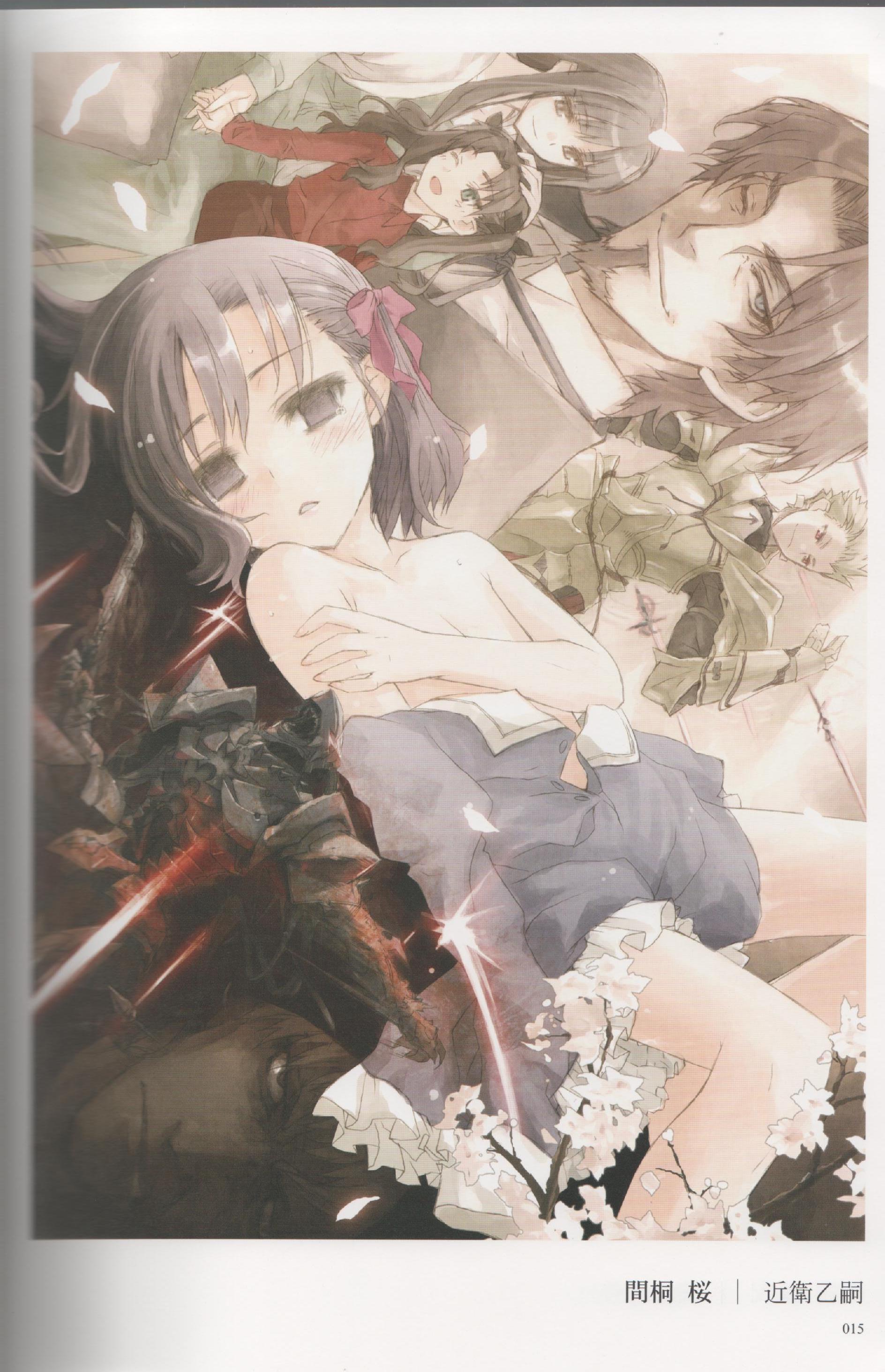 konoe ototsugu, berserker (fate/zero), emiya kiritsugu, gilgamesh (fate), matou kariya, matou sakura, matou sakura (fate/zero), tohsaka aoi, tohsaka rin, tohsaka rin (fate/zero), tohsaka tokiomi, fate/stay night, fate/zero, fate (series), absurdres, artbook, highres, scan, 00s, 3boys, 3girls, aged down, loli, multiple boys, multiple girls