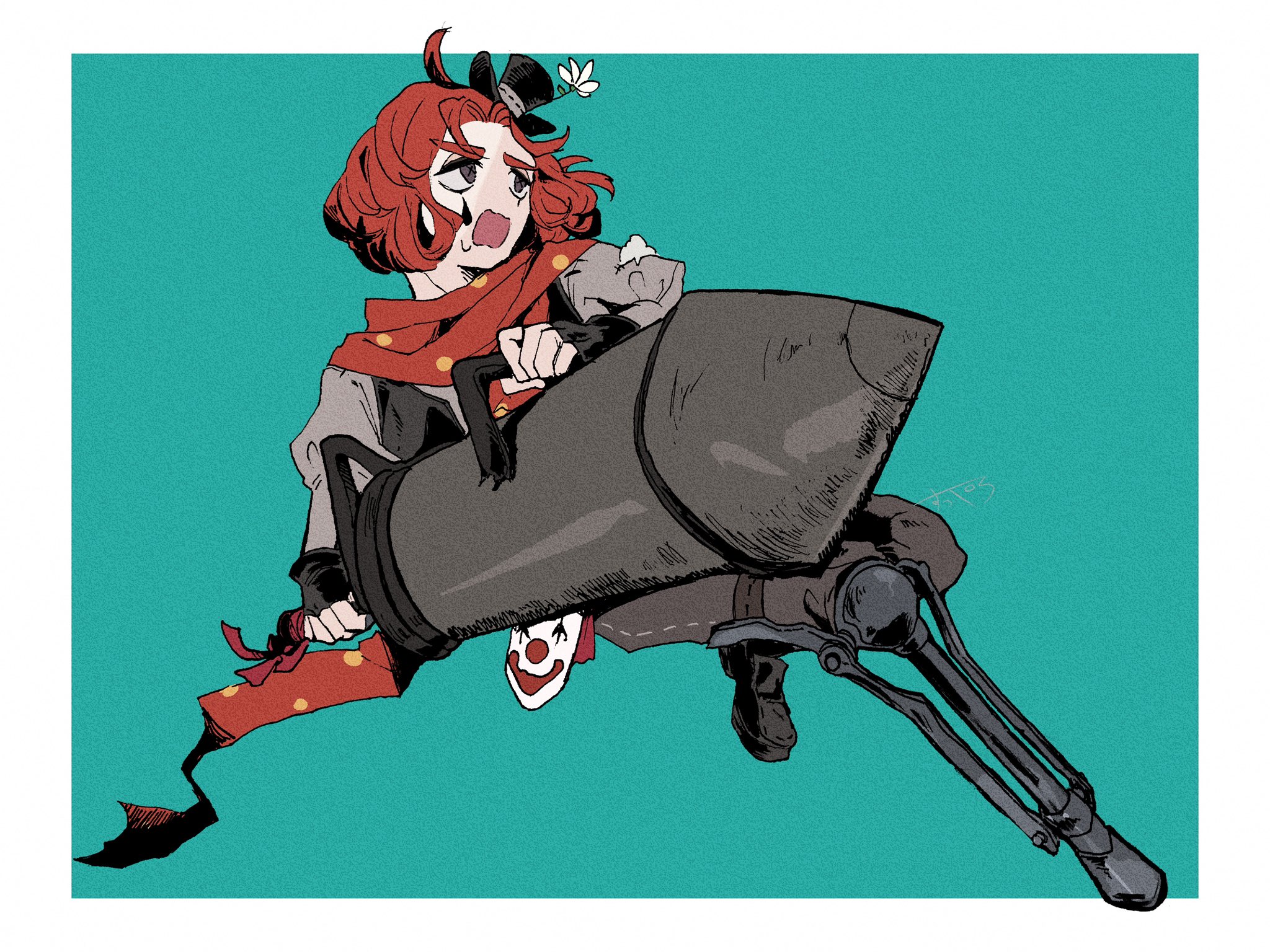 perorinsr, weeping clown (identity v), identity v, commentary request, highres, 1boy, aqua background, black shoes, border, cross-shaped pupils, fingerless gloves, flower, gloves, grey eyes, grey pants, grey shirt, hat, hat flower, holding, holding weapon, jumping, loafers, looking ahead, male focus, medium hair, midair, mini hat, mini top hat, open mouth, pants, prosthesis, prosthetic leg, red hair, shirt, shoes, small sweatdrop, solo, symbol-shaped pupils, teardrop facial mark, top hat, weapon, white border