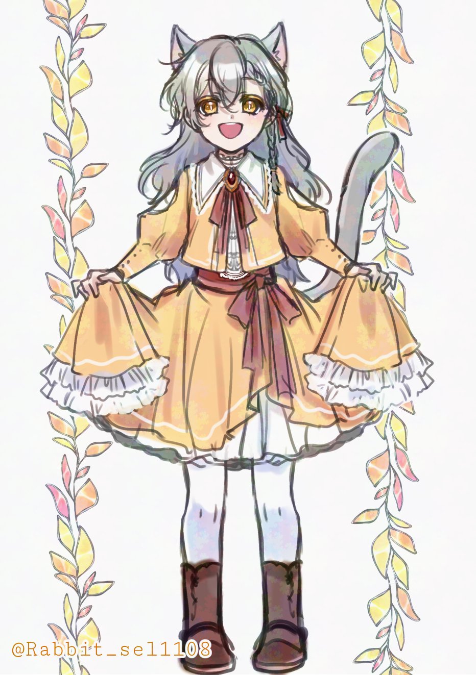 ohn (lout of count's family), lout of count's family, commentary request, highres, korean commentary, 1girl, :d, animal ear fluff, animal ears, boots, bow, braid, braided bangs, brooch, cat ears, cat girl, cat tail, dress, frilled sleeves, frills, full body, grey hair, hair between eyes, hair ribbon, jacket, jewelry, juliet sleeves, long hair, long sleeves, looking at viewer, neck ribbon, open mouth, pantyhose, puffy sleeves, rabbit sel1108, red ribbon, ribbon, sash, shirt, simple background, skirt, skirt hold, smile, solo, standing, tail, twitter username, white background, white pantyhose, yellow dress, yellow eyes, yellow jacket, yellow skirt