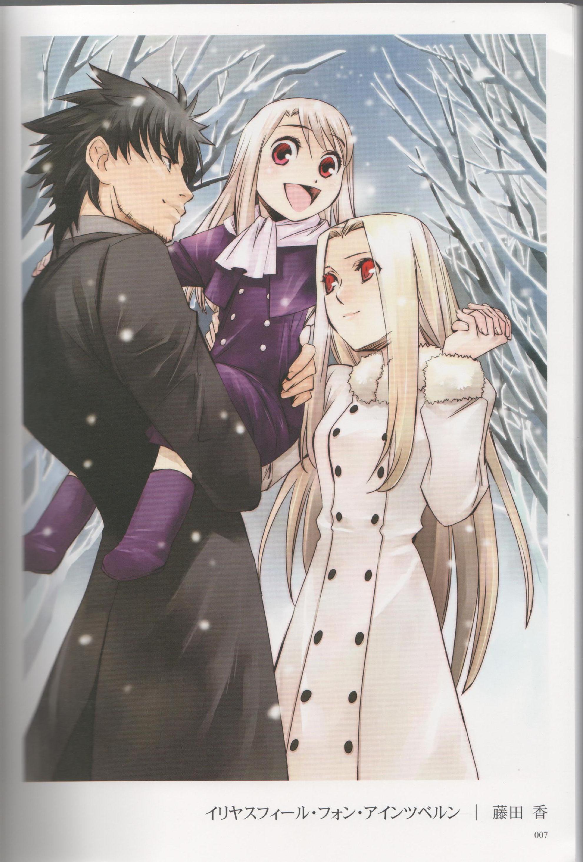 emiya kiritsugu, illyasviel von einzbern, irisviel von einzbern, fate/stay night, fate/zero, fate (series), purple footwear, absurdres, artbook, highres, scan, 00s, 1boy, 2girls, aged down, black hair, boots, child, coat, family, family bonding, father and daughter, forest, formal clothes, mother and daughter, multiple girls, nature, red eyes, snow, white hair