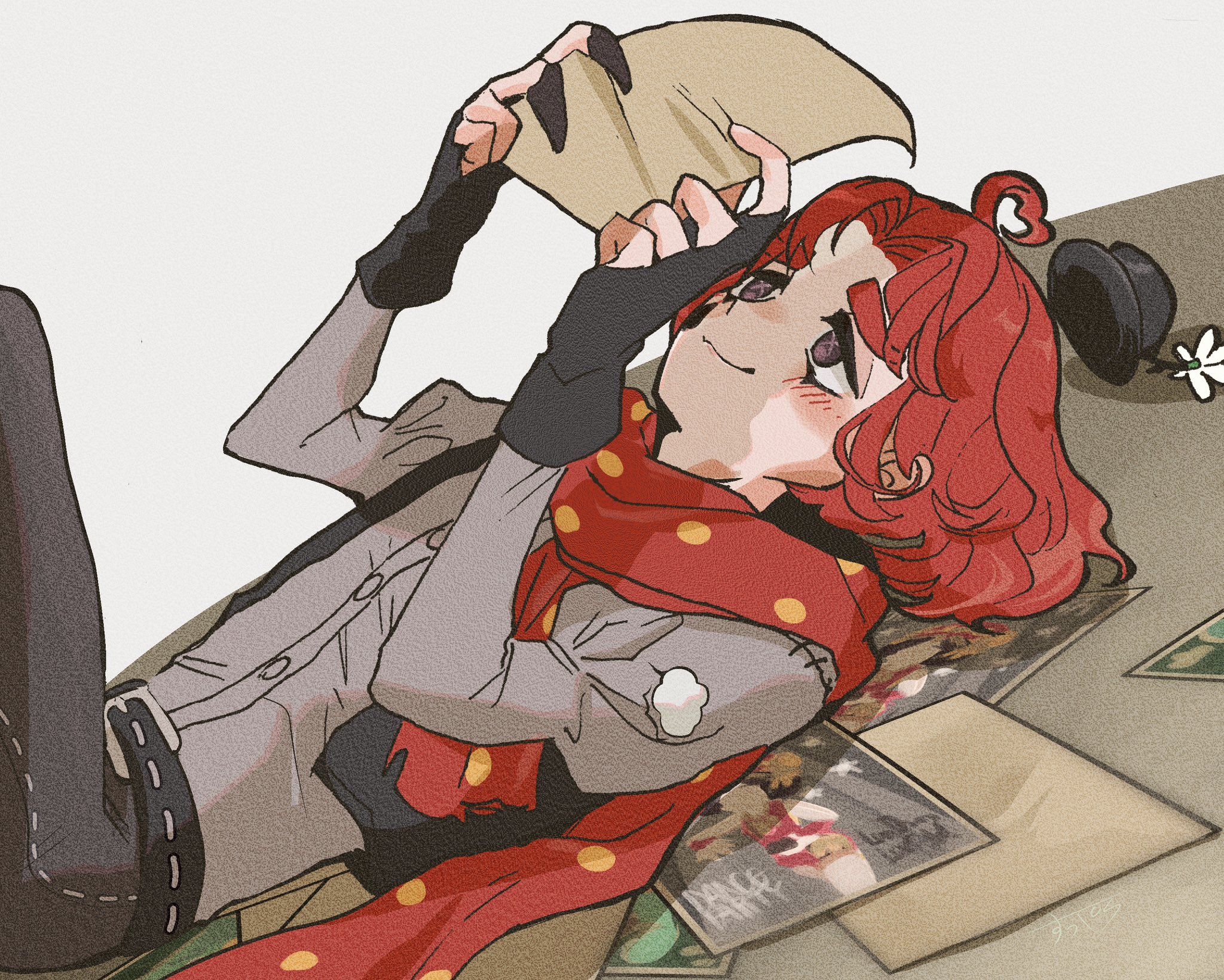 perorinsr, weeping clown (identity v), identity v, commentary request, highres, 1boy, :3, ahoge, belt, black belt, black gloves, black pants, black vest, claws, cowboy shot, cropped vest, cross-shaped pupils, fingerless gloves, gloves, grey eyes, grey shirt, hair intakes, hat, heart, heart ahoge, holding, holding paper, looking at object, lying, male focus, medium hair, on back, pants, paper, polka dot, polka dot scarf, red hair, red scarf, scarf, shirt, smile, solo, striped blush, stuffing, symbol-shaped pupils, unworn hat, unworn headwear, vest