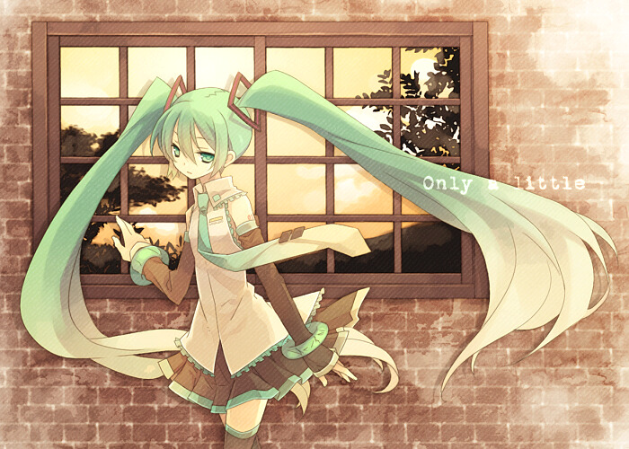 al, mugura, hatsune miku, vocaloid, bad id, bad pixiv id, 1girl, detached sleeves, female focus, green eyes, green hair, indoors, long hair, matching hair/eyes, necktie, skirt, sky, solo, thighhighs, twintails, window, zettai ryouiki