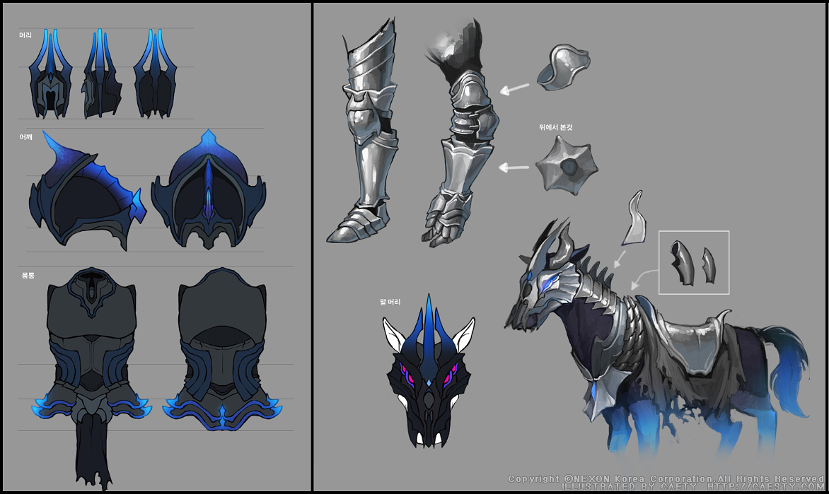 caesty, nexon, tales weaver, commentary request, concept art, korean commentary, official art, translation request, armor, artist name, axe, barding, black fur, blue eyes, blue tail, breastplate, company name, copyright notice, counter, cuirass, cuisses, dated commentary, english text, extra eyes, fake horns, faulds, glowing, glowing eyes, gothic plate armor, greaves, grey background, helmet, horns, horse, korean text, odin (tales weaver), pauldrons, plate armor, poleyn, purple eyes, reference sheet, rerebrace, sabaton, saddle, shoulder armor, simple background, spiked armor, spikes, vambraces, watermark, web address