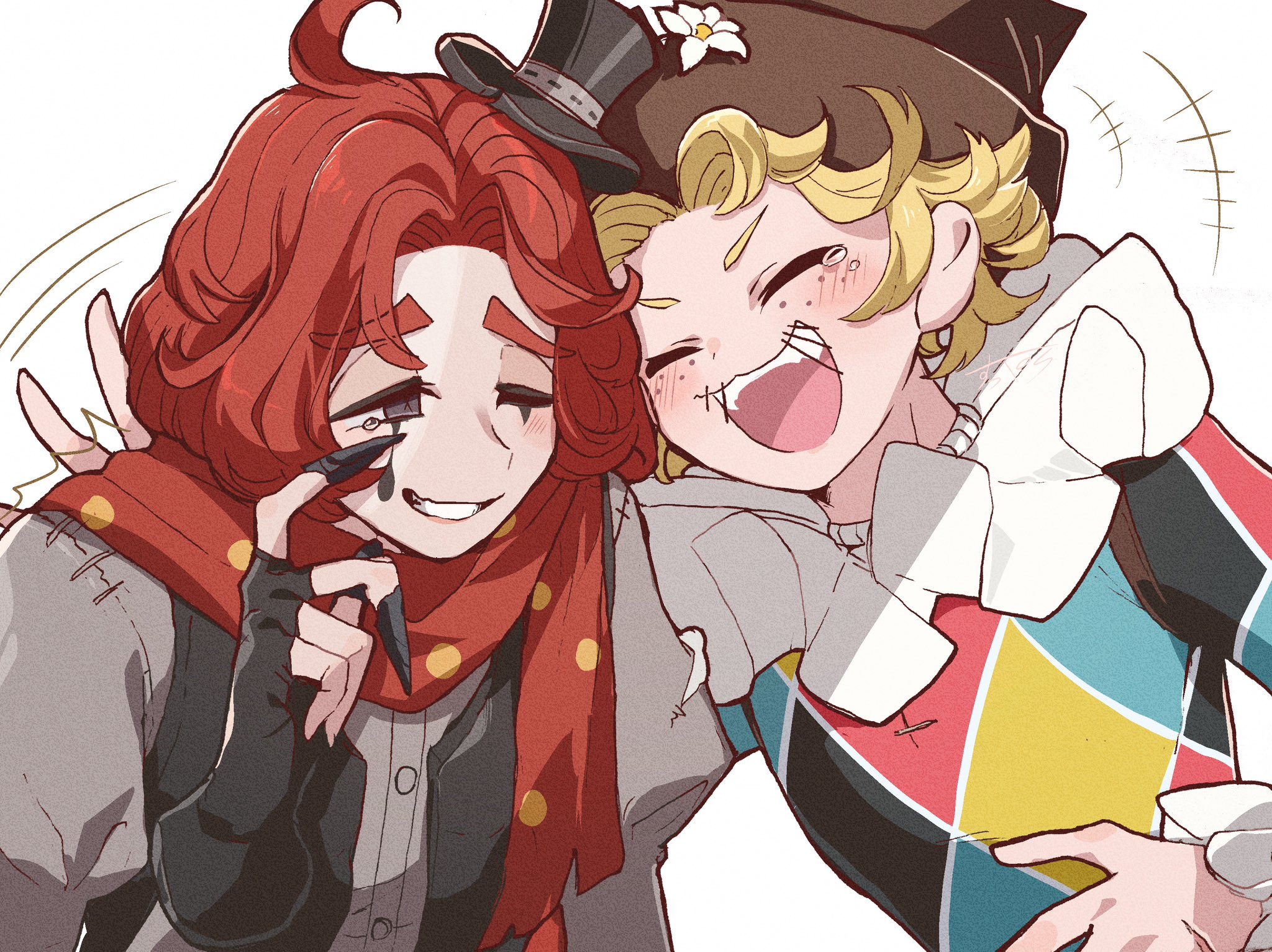 perorinsr, mike morton, weeping clown (identity v), identity v, commentary request, highres, 2boys, :3, :d, ^ ^, black eyeshadow, black vest, blonde hair, claws, closed eyes, cowlick, cropped vest, eyeshadow, facial mark, flower, freckles, grey shirt, hair intakes, happy tears, harlequin, hat, hat flower, juliet sleeves, laughing, long sleeves, makeup, male focus, medium hair, mini hat, mini top hat, multiple boys, neck ruff, one eye closed, open mouth, polka dot, polka dot scarf, puffy sleeves, red hair, red scarf, scarf, shirt, short eyebrows, smile, teardrop facial mark, tears, top hat, upper body, vest, wavy mouth, wiping tears