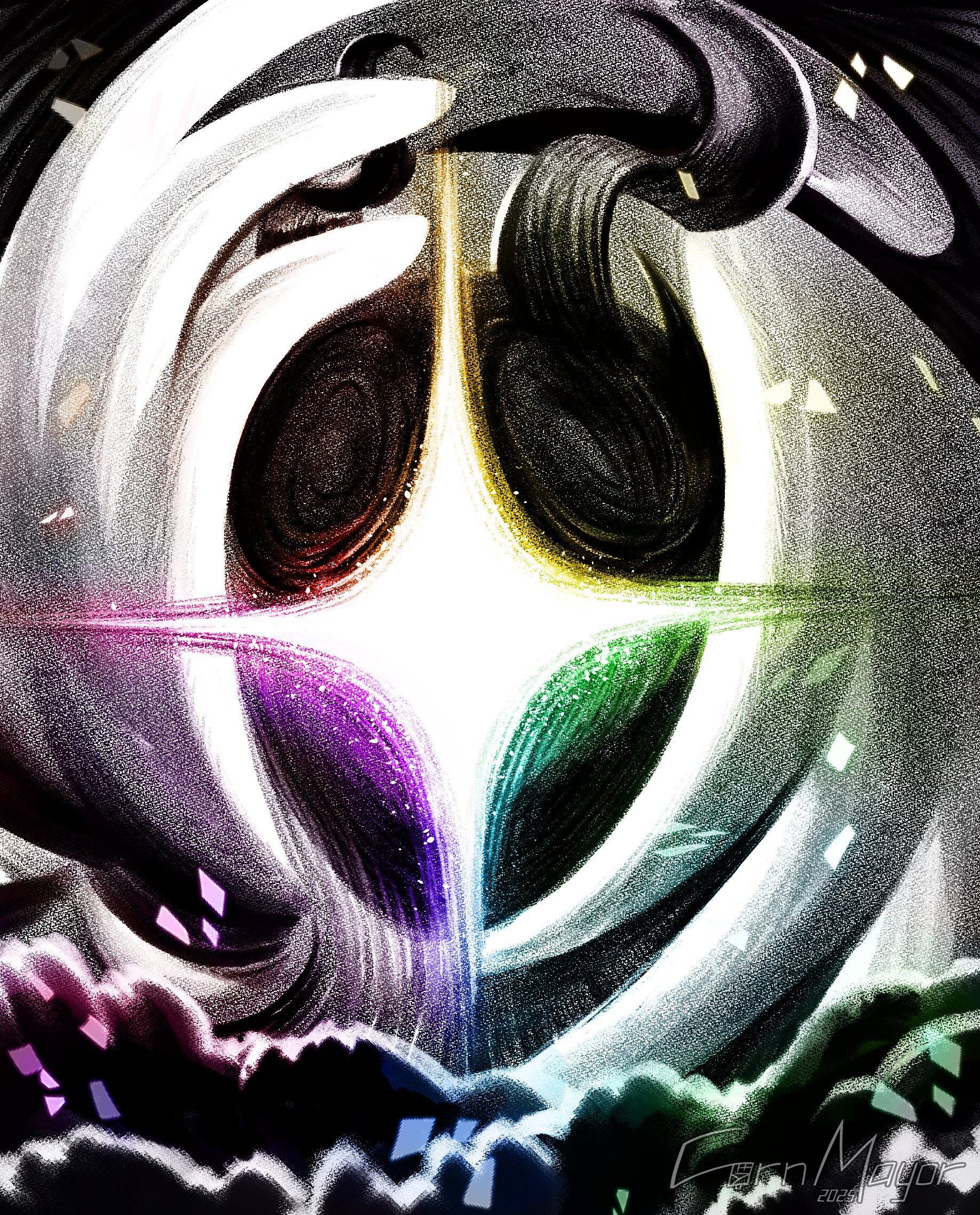 titan (deltarune), deltarune, utdr (toby fox), commentary, english commentary, highres, spoilers, 1other, 2025, angel wings, artist name, chromatic aberration, cornmayor, dated, demon horns, eldritch abomination, feathered wings, head wings, horns, light particles, living shadow, multiple wings, one-eyed, signature, umbrakinesis, wings