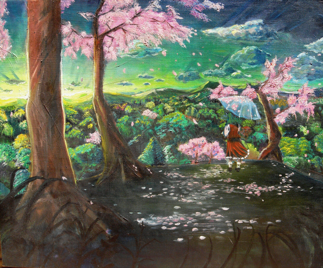 kenshin (kenshin3), kenshinsan, kazami yuuka, touhou, oil painting (medium), painting (medium), traditional media, 1girl, acrylic, cherry blossoms, female focus, forest, from behind, green hair, landscape, mountain, nature, scenery, short hair, skirt, skirt set, solo, sunrise, tree, umbrella, vest