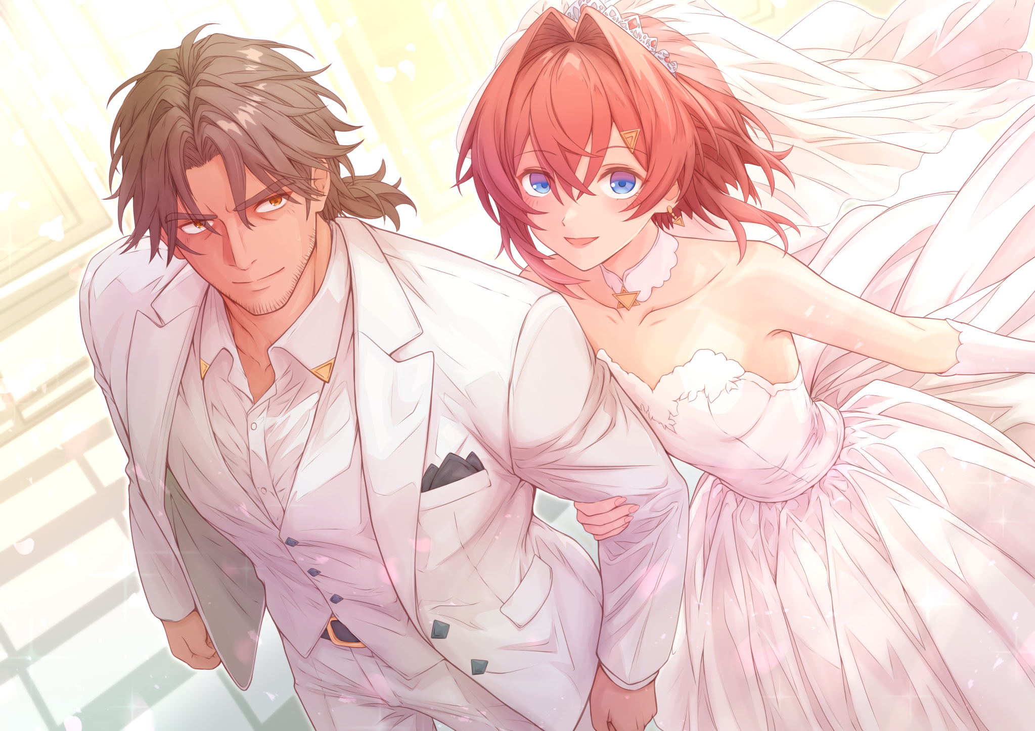 mikan mizu, ange katrina, belmond banderas, nijisanji, commentary request, highres, 1boy, 1girl, alternate costume, armpit crease, bare shoulders, beard stubble, blue eyes, blush, breasts, bridal veil, bride, brown hair, closed mouth, collar, collarbone, collared shirt, curtained hair, detached collar, dress, earrings, facial hair, formal clothes, from above, gloves, gradient eyes, groom, hair between eyes, hair intakes, hair ornament, hetero, jacket, jewelry, lapels, lips, long sleeves, looking at viewer, low ponytail, medium hair, multicolored eyes, open clothes, open jacket, open mouth, orange eyes, pants, peaked lapels, pocket square, ponytail, purple eyes, red hair, shirt, small breasts, smile, strapless, strapless dress, stubble, suit, suit jacket, triangle earrings, triangle hair ornament, veil, vest, virtual youtuber, waistcoat, wedding dress, white collar, white dress, white gloves, white jacket, white pants, white shirt, white suit, white veil, white vest