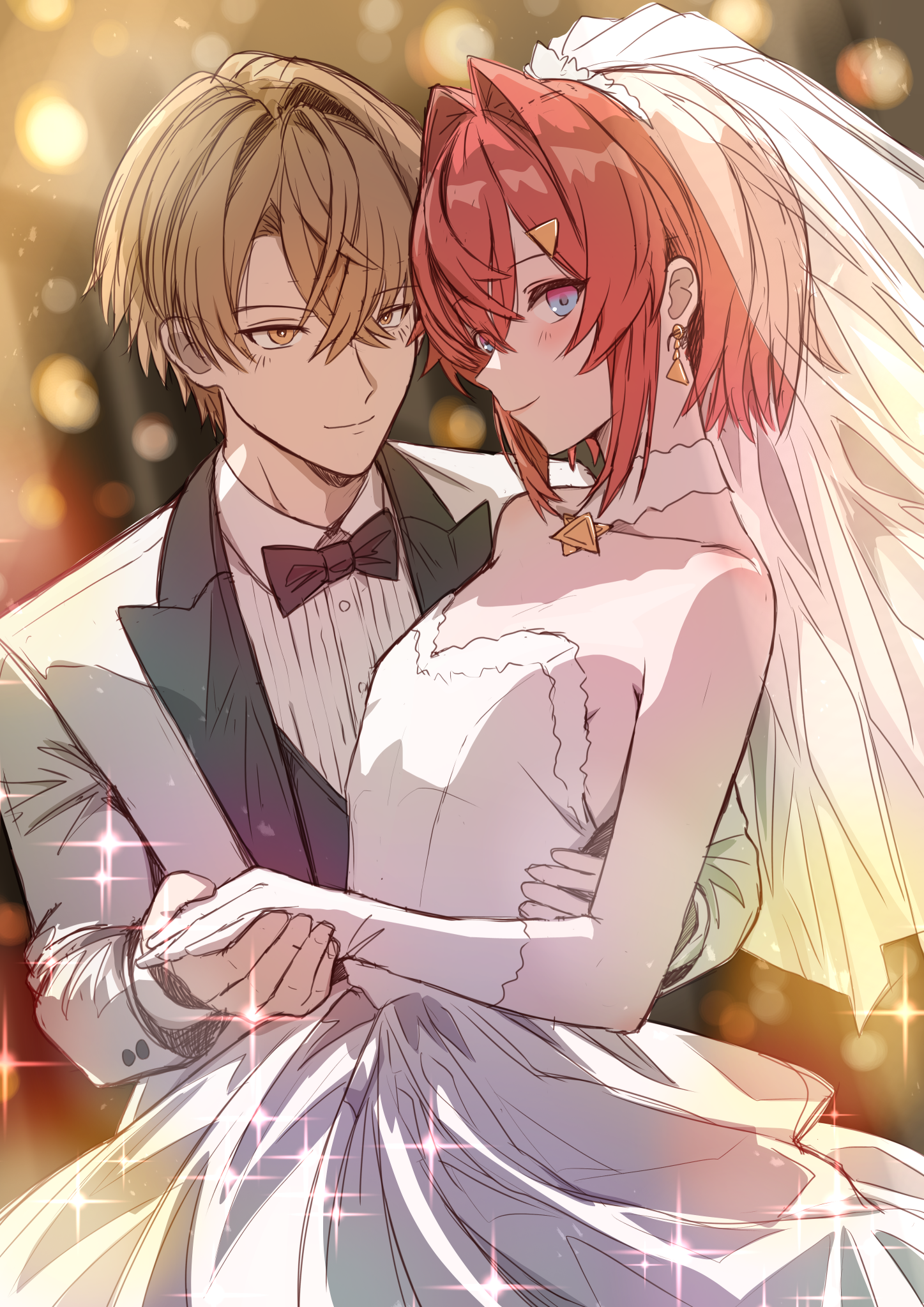 mikan mizu, ange katrina, kagami hayato, nijisanji, commentary request, highres, 1boy, 1girl, alternate costume, armpit crease, bare shoulders, black bow, black bowtie, blonde hair, blue eyes, blush, bow, bowtie, breasts, bridal veil, bride, bright pupils, closed mouth, collar, collarbone, collared shirt, colored lapels, crossed bangs, detached collar, dress, earrings, gloves, gradient eyes, groom, hair between eyes, hair intakes, hair ornament, hetero, holding hands, jacket, jewelry, lapels, long bangs, long sleeves, multicolored eyes, peaked lapels, pleated shirt, purple eyes, red hair, shirt, short hair, sketch, small breasts, smile, sparkle, strapless, strapless dress, suit jacket, triangle earrings, triangle hair ornament, veil, virtual youtuber, wedding dress, white collar, white dress, white gloves, white jacket, white pupils, white shirt, white veil, yellow eyes