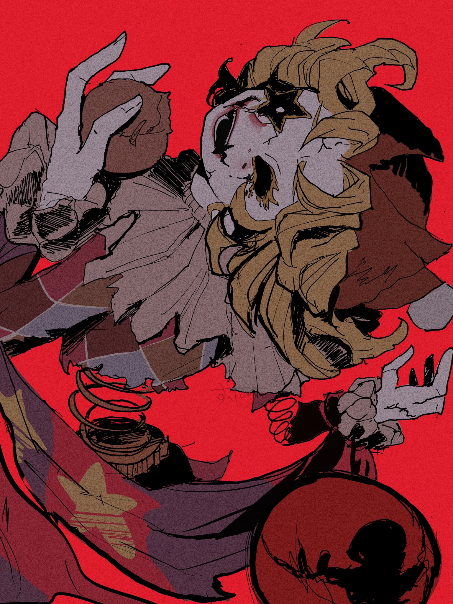 perorinsr, identity v, commentary request, highres, 1boy, blonde hair, colored eyelashes, colored skin, facepaint, hair intakes, harlequin, hollow eyes, hullabaloo (identity v), looking back, male focus, mismatched pupils, neck ruff, red background, red lips, solid eyes, solo, white skin