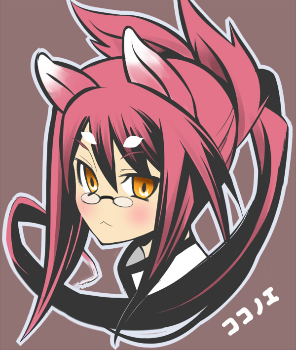 iguana, iguana henshuu-chou, kokonoe (blazblue), arc system works, blazblue, 1girl, :<, animal ears, cat ears, cat tail, character name, female focus, glasses, long hair, midriff, multiple tails, pince-nez, pink hair, ponytail, portrait, scientist, solo, tail, yellow eyes