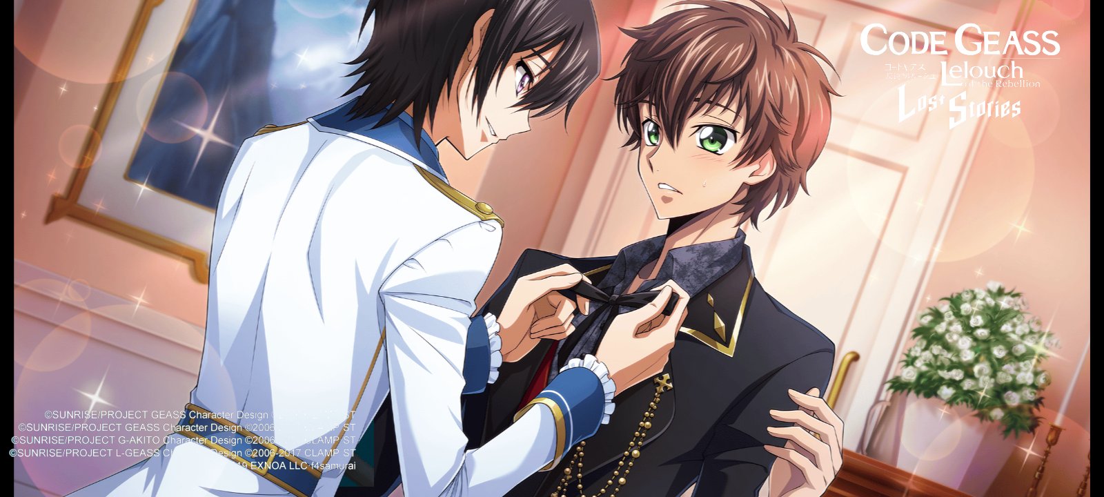 f4samurai, kururugi suzaku, lelouch vi britannia, code geass, code geass: lost stories, commentary request, game cg, highres, official art, 2boys, adjusting another's clothes, arm at side, black hair, black jacket, black ribbon, blurry, blush, bokeh, brown hair, candle, collared shirt, depth of field, door, dutch angle, eye contact, flower, gold trim, green eyes, grey shirt, hair between eyes, hand up, hands up, happy, indoors, jacket, light blush, long sleeves, looking at another, male focus, multiple boys, neck ribbon, painting (object), parted lips, picture frame, plant, potted plant, purple eyes, ribbon, rose, shirt, short hair, sidelocks, smile, sparkle, standing, sweat, teeth, upper body, white flower, white jacket, white rose