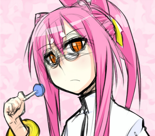 tellwo, kokonoe (blazblue), arc system works, blazblue, lowres, 1girl, animal ears, bell, belt, bracelet, cat ears, cat tail, female focus, frown, glasses, jewelry, long hair, midriff, multiple tails, pince-nez, pink hair, ponytail, scientist, solo, tail, yellow eyes