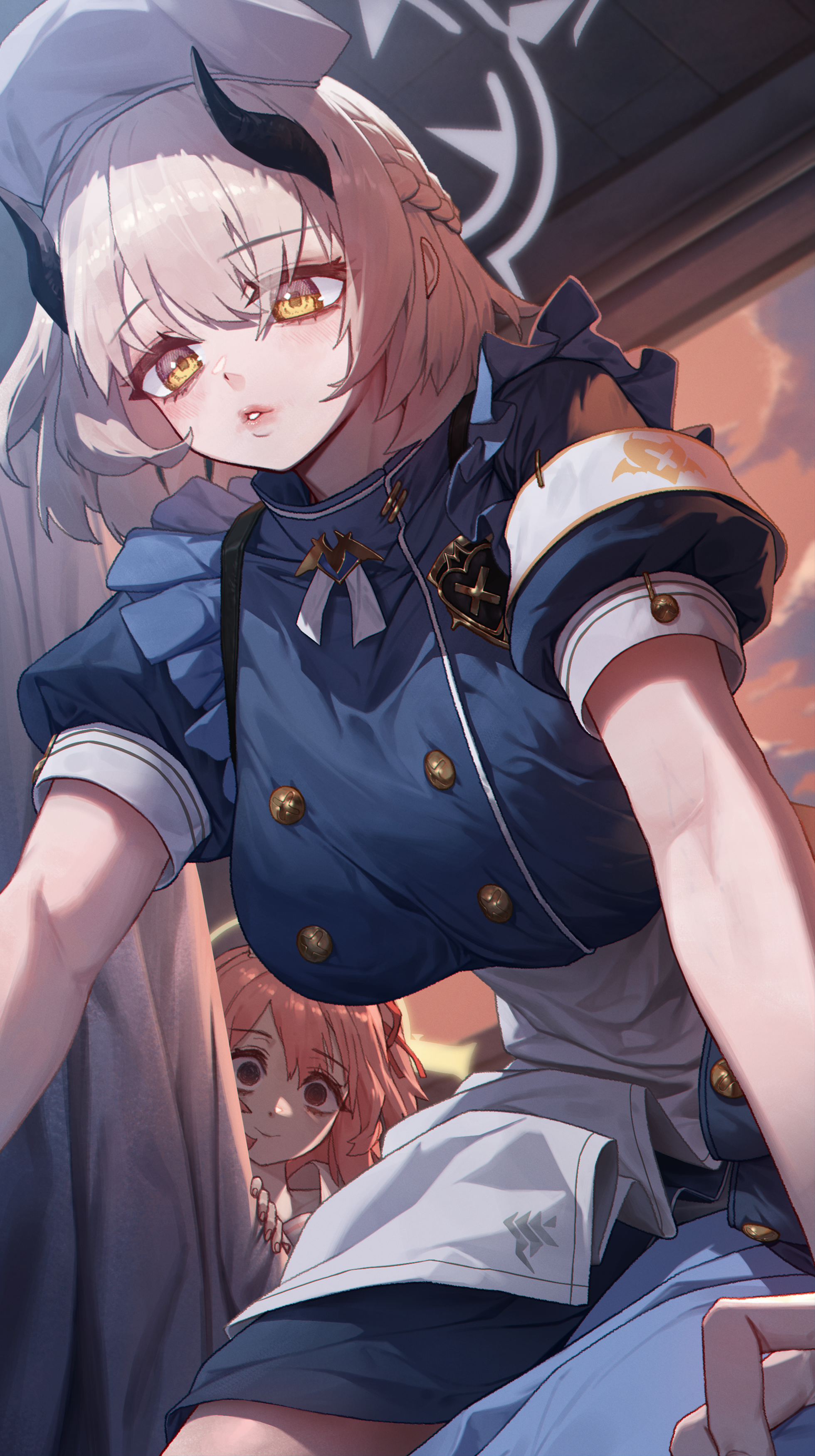 onbawa, sena (blue archive), serina (blue archive), blue archive, absurdres, highres, 1other, 2girls, apron, black eyes, blue dress, braid, breasts, buttons, double-breasted, dress, girl on top, grey hair, grey halo, halo, hat, large breasts, medium hair, multiple girls, nurse cap, parted lips, pink hair, puffy short sleeves, puffy sleeves, short sleeves, solo focus, waist apron, white apron, yellow eyes, yellow halo
