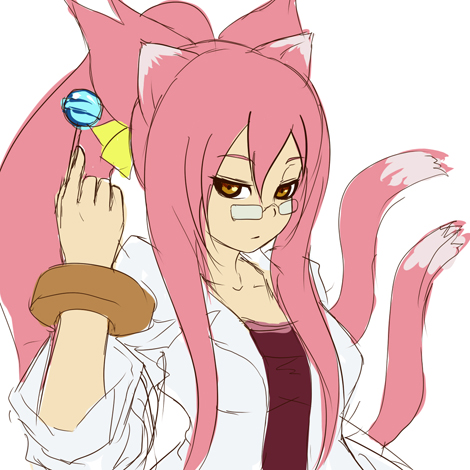 homura (haku89), kokonoe (blazblue), arc system works, blazblue, lowres, 1girl, animal ears, bell, belt, bracelet, cat ears, cat tail, female focus, glasses, jewelry, long hair, multiple tails, pince-nez, pink hair, ponytail, scientist, solo, tail, yellow eyes