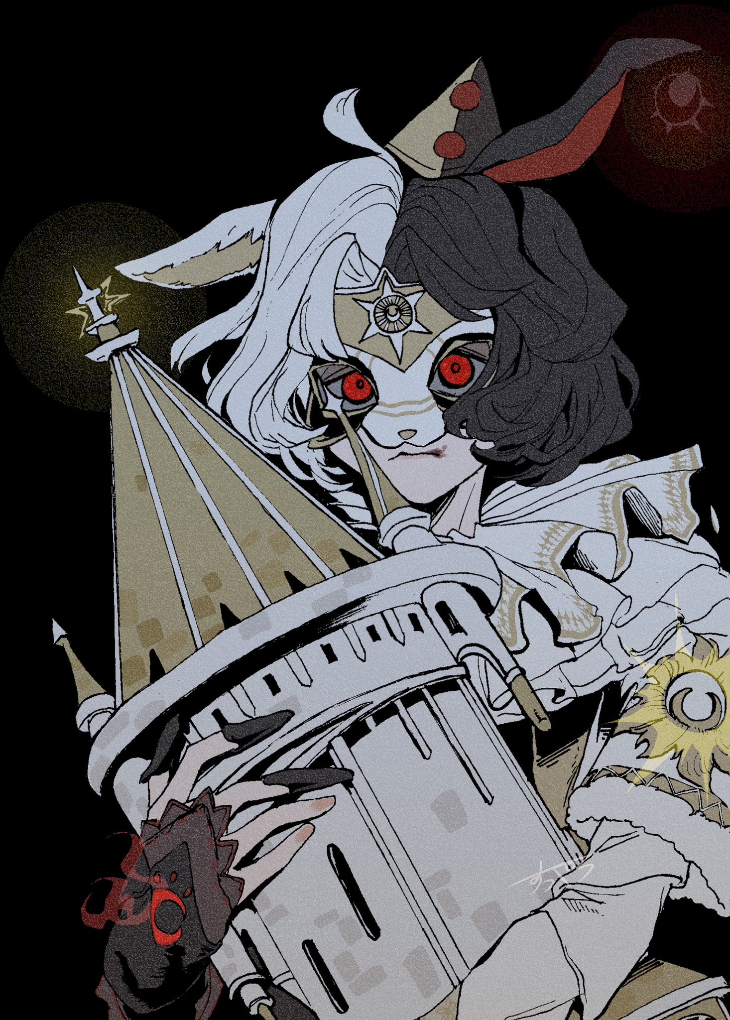 perorinsr, weeping clown (identity v), weeping clown (the encroached) (identity v), identity v, commentary request, highres, 1boy, animal ears, black background, black hair, bridal gauntlets, claws, eye mask, hair intakes, looking at viewer, male focus, mask, multicolored hair, neck ruff, official alternate costume, rabbit ears, red eyes, solo, split-color hair, upper body, white hair