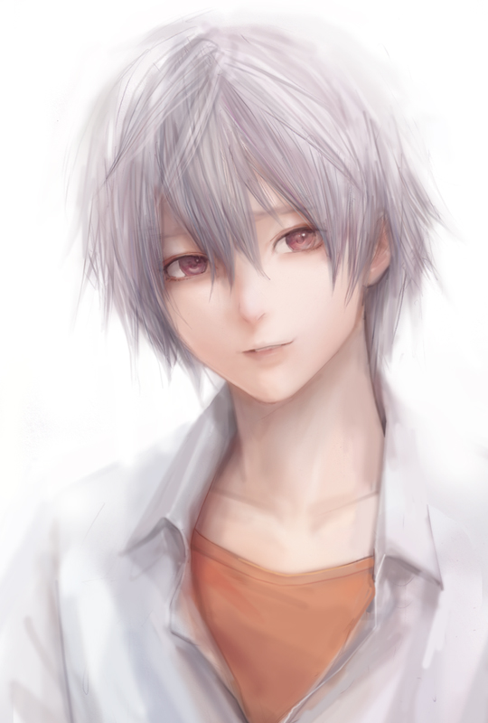 miche, nagisa kaworu, neon genesis evangelion, silver hair, bad id, bad pixiv id, 1boy, albino, male focus, red eyes, solo