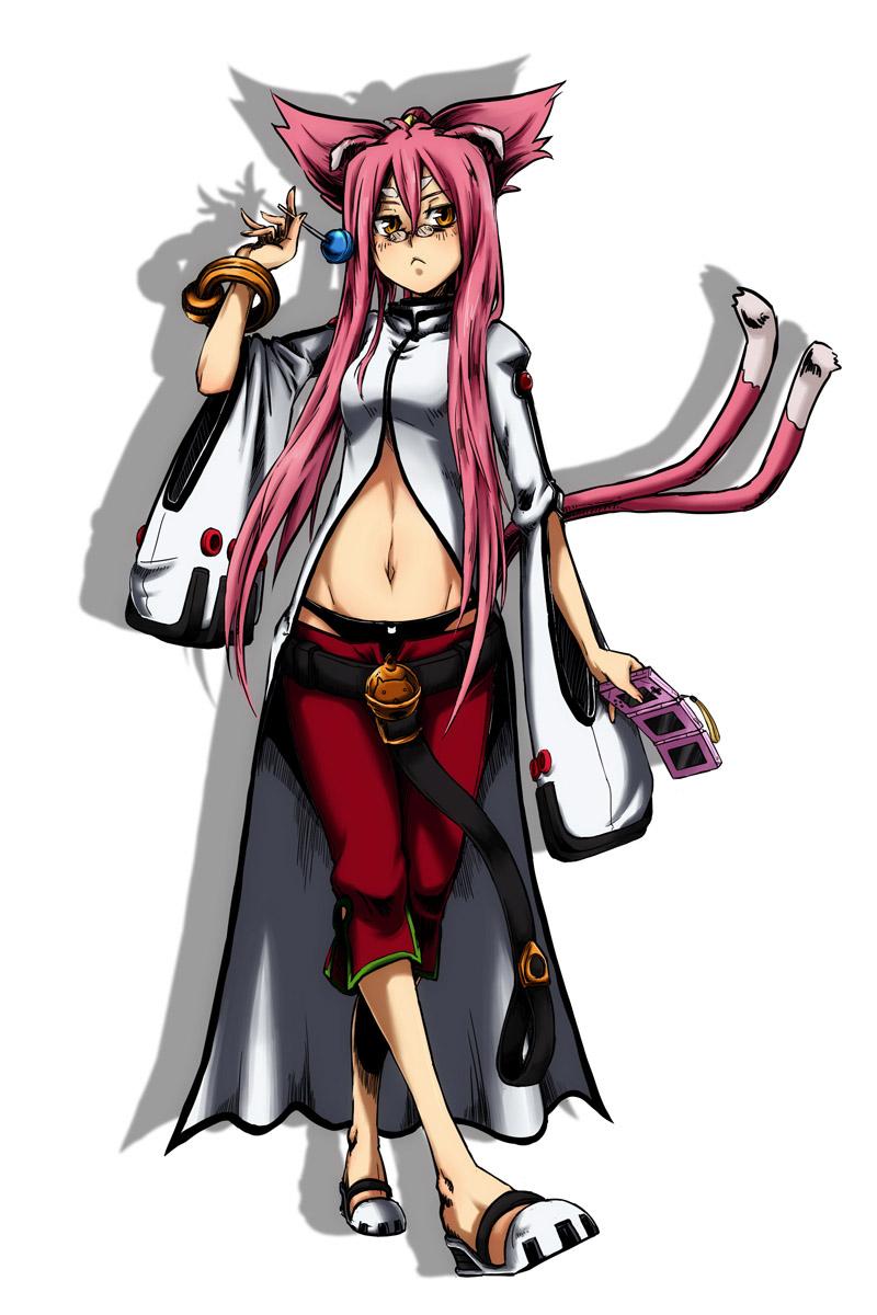 tansan otoko, kokonoe (blazblue), arc system works, blazblue, highres, 1girl, :<, animal ears, bell, belt, black panties, bracelet, candy, capri pants, cat ears, cat tail, female focus, food, glasses, groin, jewelry, lollipop, long hair, midriff, multiple tails, panties, pants, pince-nez, pink hair, ponytail, red pants, scientist, solo, tail, underwear, yellow eyes