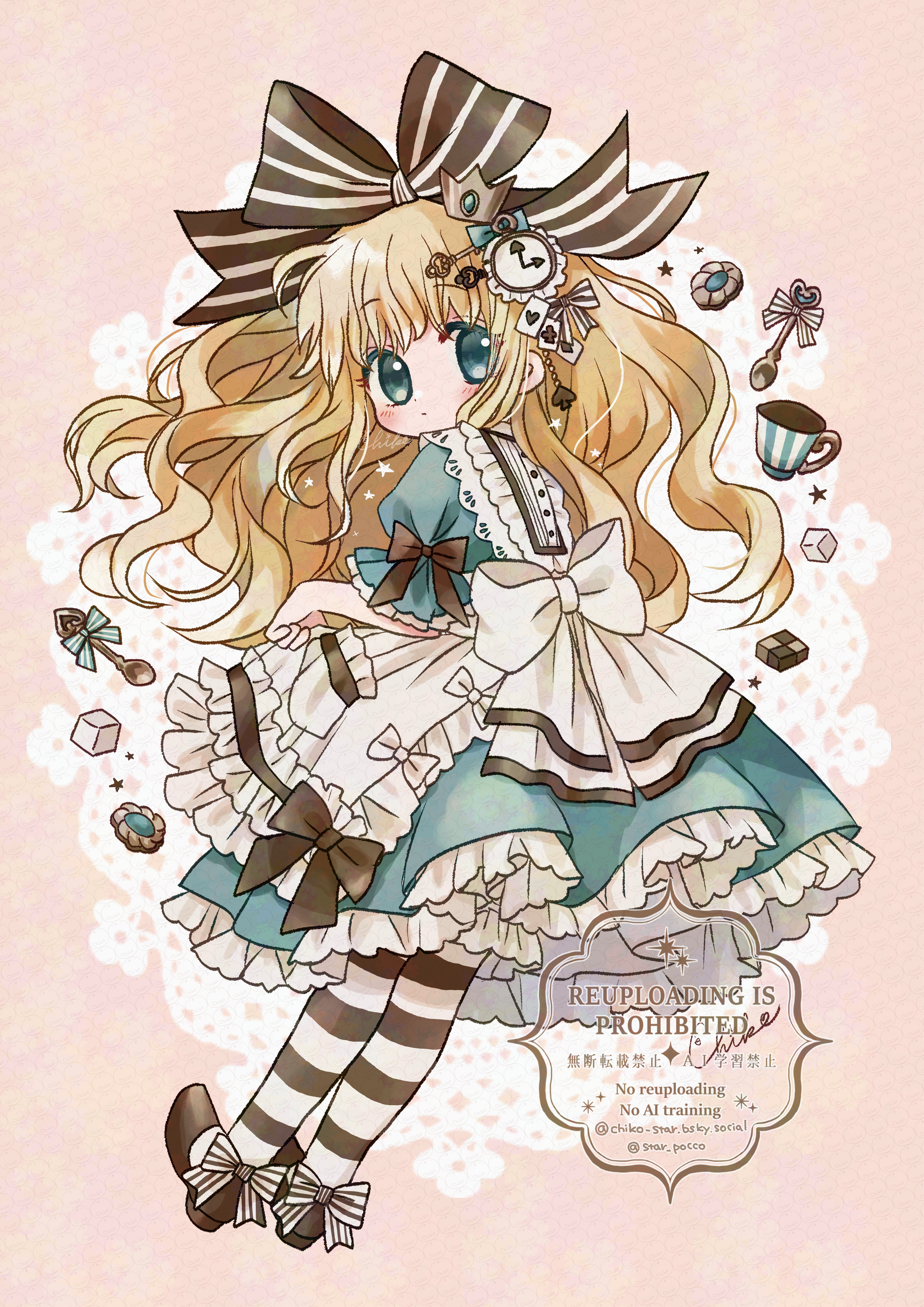 alice (alice in wonderland), alice's adventures in wonderland, absurdres, commentary request, highres, 1girl, aqua dress, aqua eyes, blonde hair, chiko (star pocco), clock hair ornament, cookie, cup, dress, food, full body, looking at viewer, looking back, pantyhose, petticoat, ribbon, short dress, short sleeves, spoon, striped clothes, striped pantyhose, striped ribbon, sugar cube, teacup, watermark