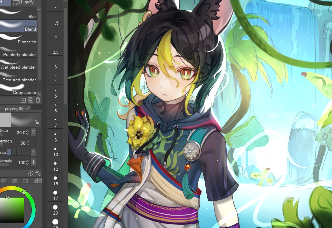 cloud (lufaeris), tighnari (genshin impact), genshin impact, commentary, english commentary, unfinished, 1boy, animal ears, art program in frame, black gloves, black hair, black hoodie, brown eyes, double-parted bangs, flower, fox boy, fox ears, gloves, green flower, green streaks, hair between eyes, hood, hood down, hoodie, looking at viewer, male focus, multicolored hair, nature, sash, short hair, solo, streaked hair, upper body