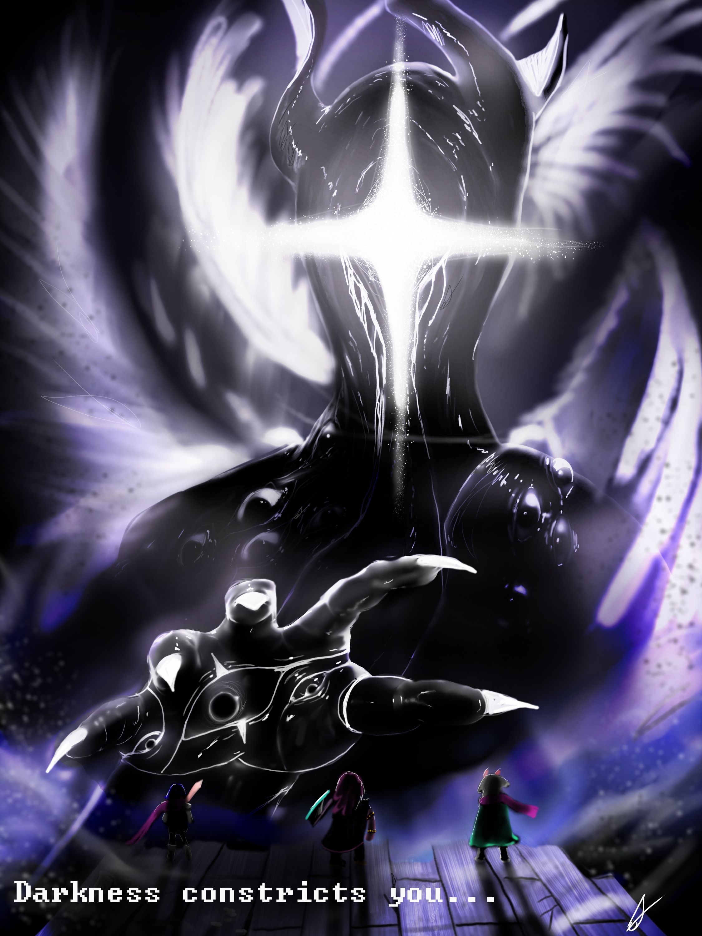 kris (dark world) (deltarune), kris (deltarune), ralsei, susie (dark world) (deltarune), susie (deltarune), titan (deltarune), deltarune, utdr (toby fox), absurdres, highres, 1boy, 1girl, 2others, angel wings, black eyes, black sclera, colored sclera, darian quilloy, dark particles, eldritch abomination, extra eyes, feathered wings, fingernails, giant, goat boy, hand eye, head wings, horns, living shadow, long fingernails, multiple others, multiple wings, one-eyed, reaching, reptile girl, sharp fingernails, wings