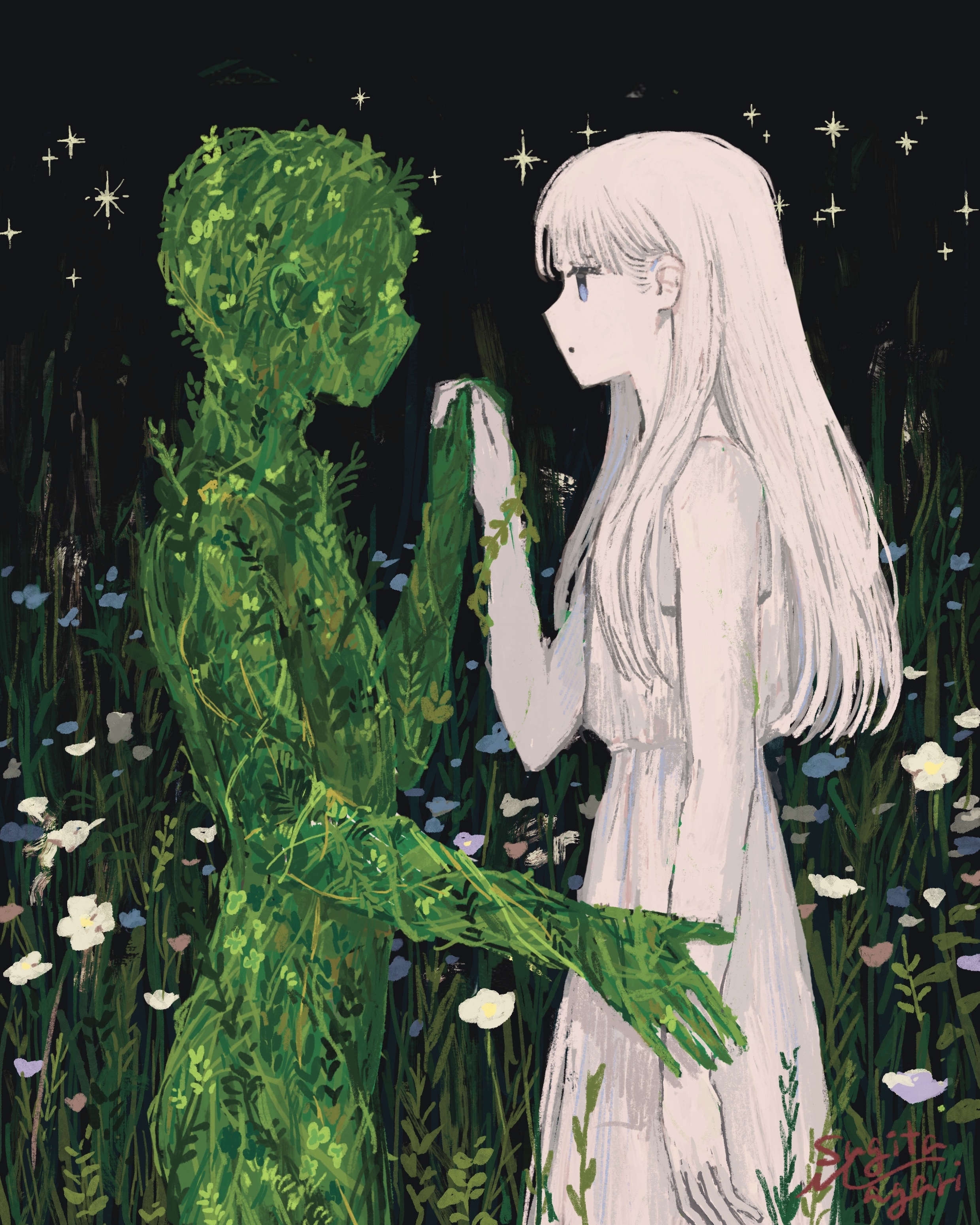 sugita magari, original, absurdres, commentary request, highres, 1boy, 1girl, blue eyes, closed mouth, colored skin, dot mouth, dress, faceless, faceless male, from side, grass, holding hands, long hair, looking at another, monster boy, plant boy, profile, sparkle, standing, white dress, white hair, white skin