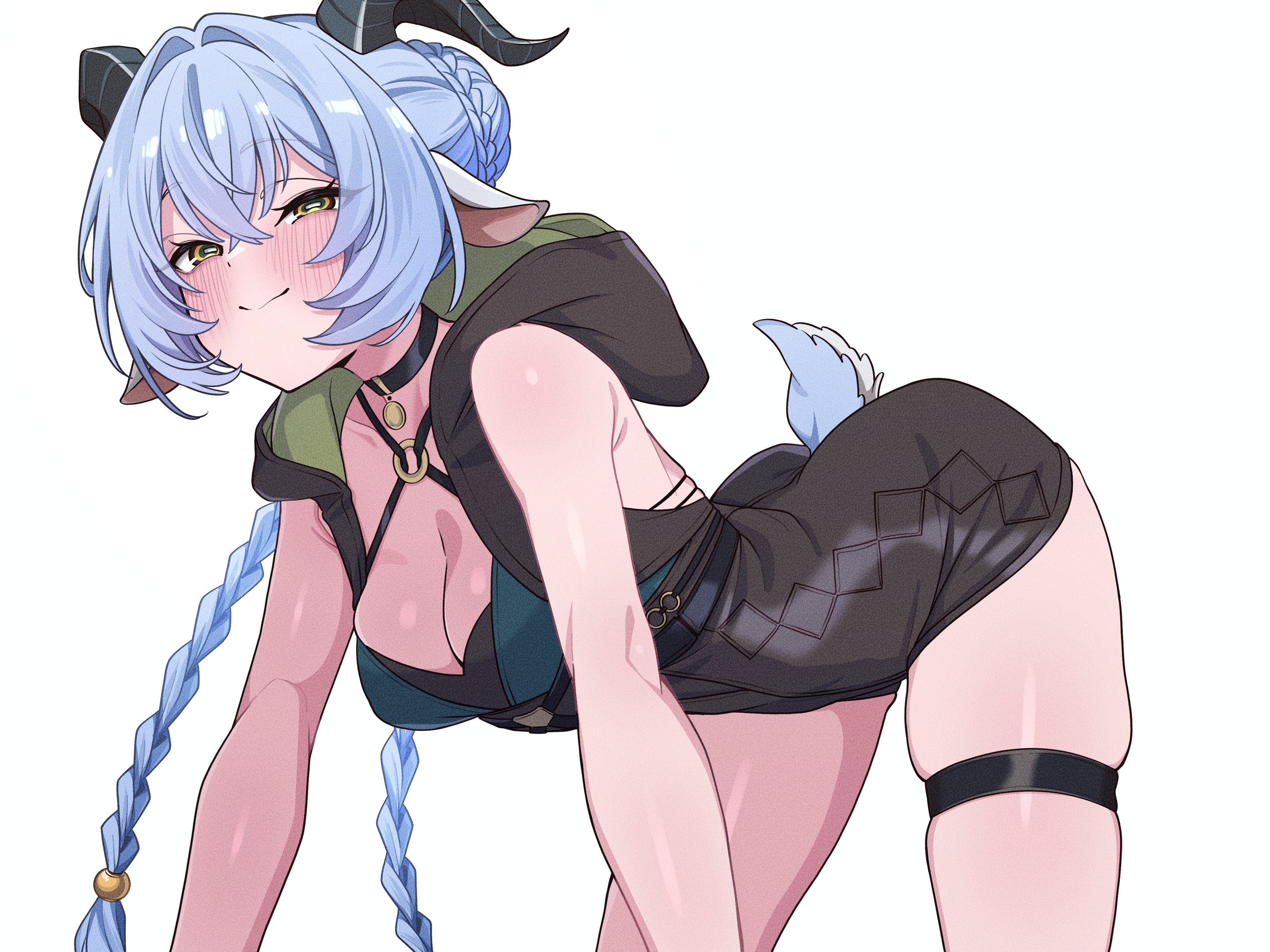 mekato, lucia elowen, zenless zone zero, absurdres, commentary, highres, paid reward available, 1girl, all fours, animal ears, arched back, armpit crease, bare arms, bare shoulders, black choker, black horns, black unitard, blue hair, blush, braid, breasts, bun with braided base, choker, closed mouth, collarbone, cowboy shot, crossed bangs, goat ears, goat girl, goat horns, goat tail, hair between eyes, hair bun, hair intakes, half-closed eyes, hood, hood down, horizontal pupils, horns, long hair, looking at viewer, low twin braids, medium breasts, o-ring, o-ring top, pendant choker, simple background, single hair bun, skindentation, smile, solo, tail, thigh strap, twin braids, unitard, very long hair, white background, yellow eyes