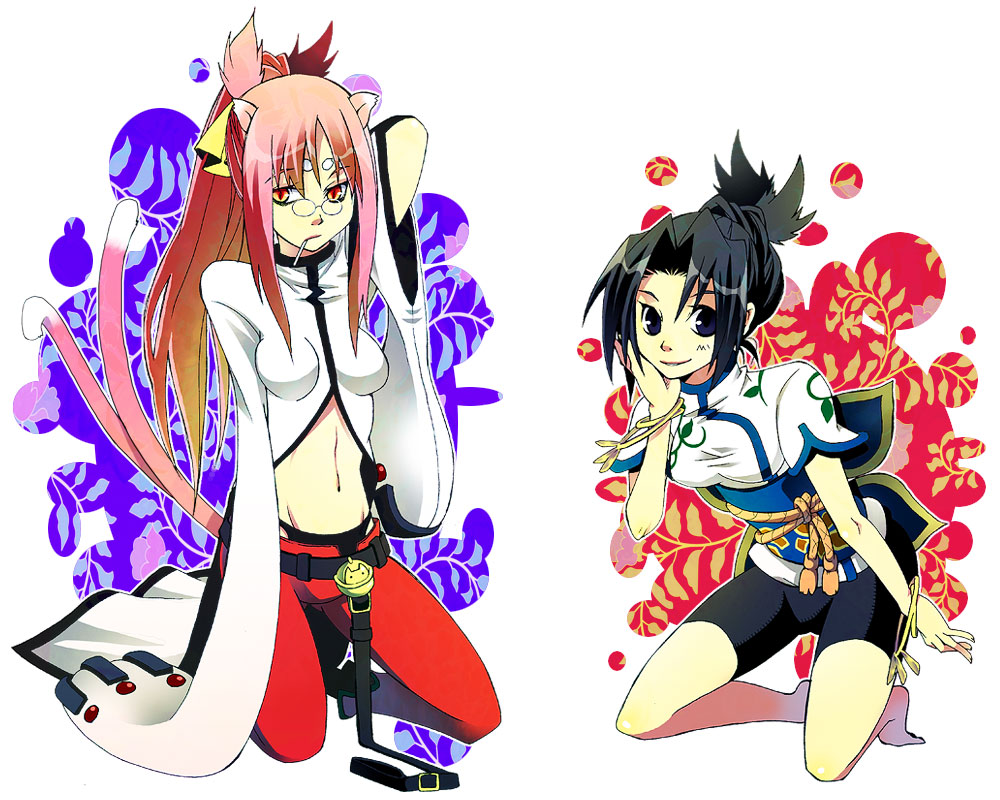 noran, kokonoe (blazblue), linhua, arc system works, blazblue, 2girls, animal ears, barefoot, bell, belt, black hair, black panties, bracelet, candy, cat ears, cat tail, food, glasses, groin, jewelry, kneeling, lollipop, long hair, midriff, multiple girls, multiple tails, panties, pants, pink hair, ponytail, red pants, scientist, smile, tail, underwear, yellow eyes