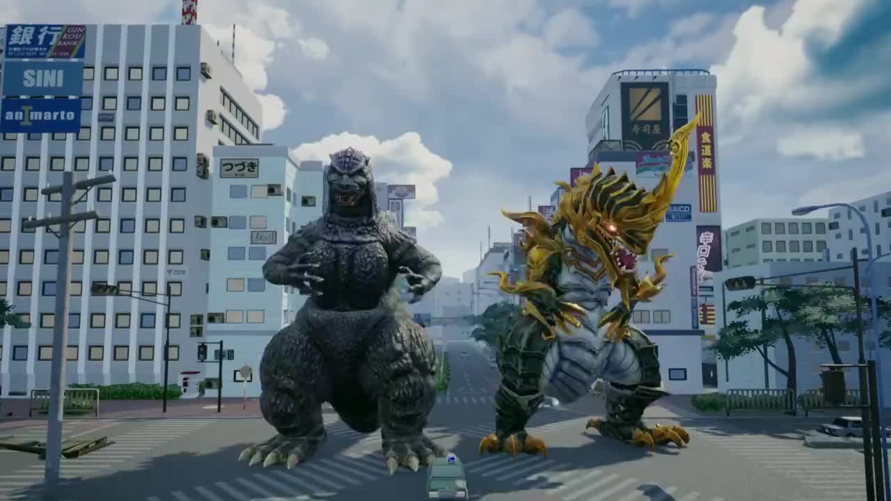 godzilla, rawa, gigabash, godzilla (series), passion republic games, toho, animated, video, 6+others, air conditioner, billboard, blue electricity, blue sky, boat, building, bush, city, claws, cloud, colored electricity, crane (machine), crossover, dancing, day, desert, dinosaur, dragon, dust, electricity, energy, english text, eruption, giant, giant monster, glowing, glowing eyes, horns, japanese text, jumping, jungle, kaiju, lamppost, lava, monster, mountain, multiple others, nature, no pupils, ocean, orange eyes, overgrown, power lines, rainforest, red eyes, road, ruins, sharp teeth, ship, shipping container, sign, single horn, sky, skyscraper, smoke, spikes, stinger, street, tail, teeth, temple, tongue, tornado, traffic light, tree, twilight, volcano, water, watercraft, waterfall, waving arms, yellow eyes