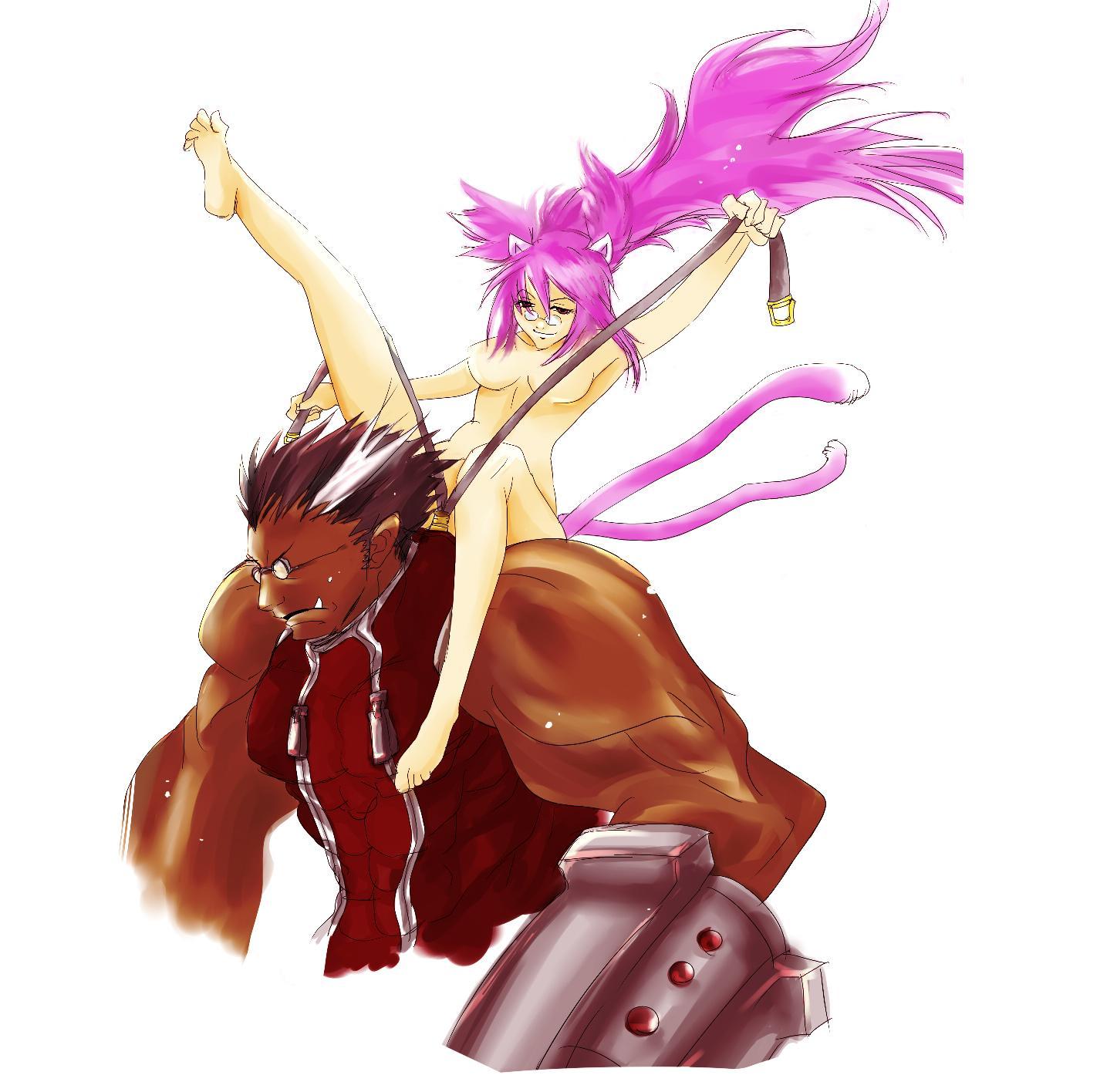 chikukapu, iron tager, kokonoe (blazblue), arc system works, blazblue, blazblue: calamity trigger, highres, jpeg artifacts, 1boy, 1girl, animal ears, bad anatomy, bad feet, barefoot, belt, black hair, carrying, cat ears, cat tail, clothed male nude female, cyborg, fang, feet, frown, glasses, jewelry, long hair, multiple tails, muscular, nude, oekaki, piggyback, pince-nez, pink hair, ponytail, poorly drawn, scientist, shoulder carry, tail, yellow eyes