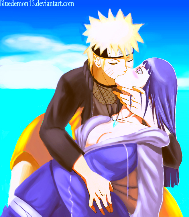 bluedemon13, hyuuga hinata, uzumaki naruto, banned artist, naruto, beach, blush, breasts, couple, kiss