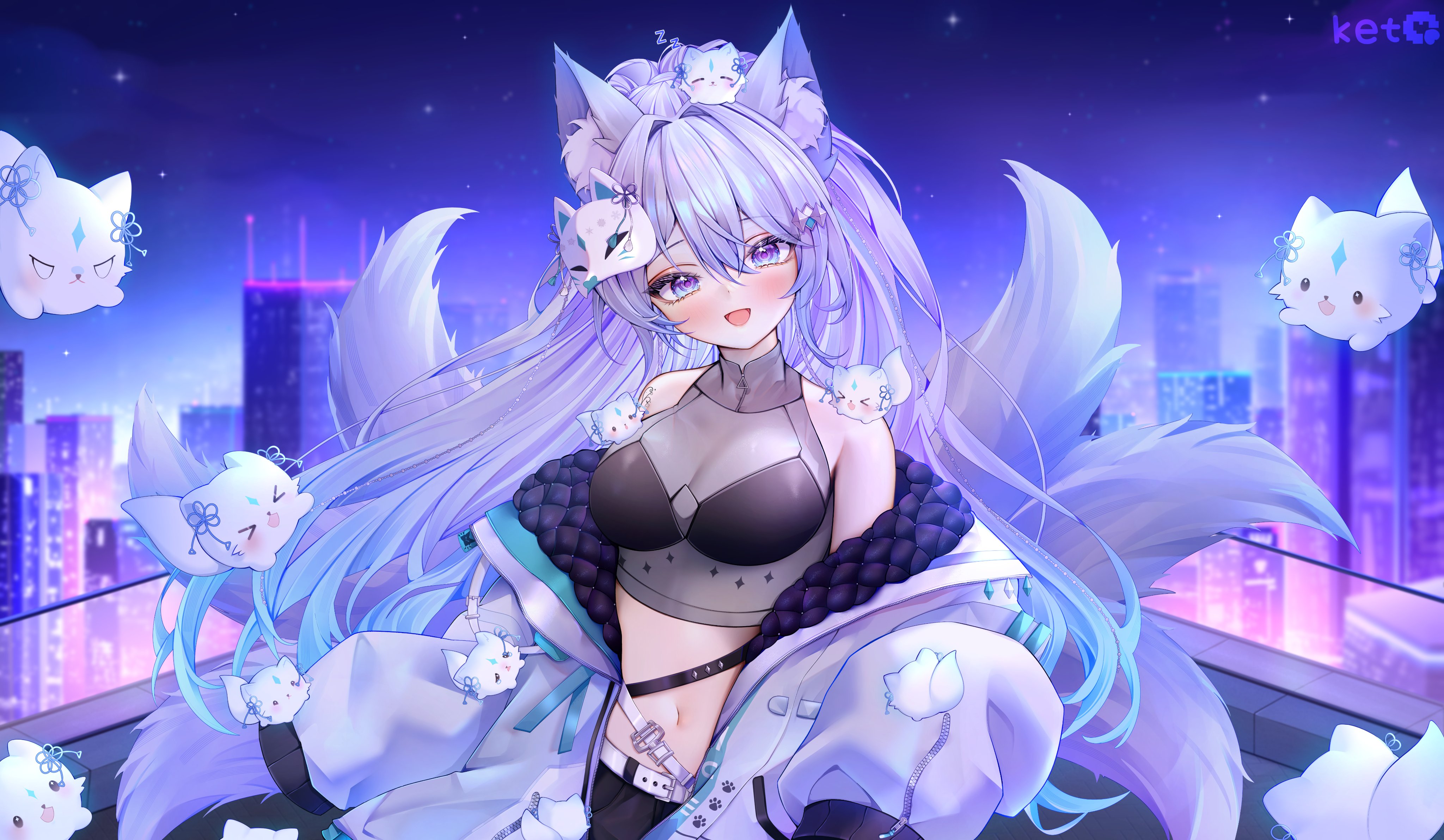 indie virtual youtuber, absurdres, commentary, commission, english commentary, highres, 1girl, artist name, belt, blue eyes, blush, breasts, cityscape, fox mask, grey hair, iceenblue, ketyuiqu, long hair, mask, mask on head, multiple tails, navel, open mouth, smile, stomach, tail, virtual youtuber, white belt