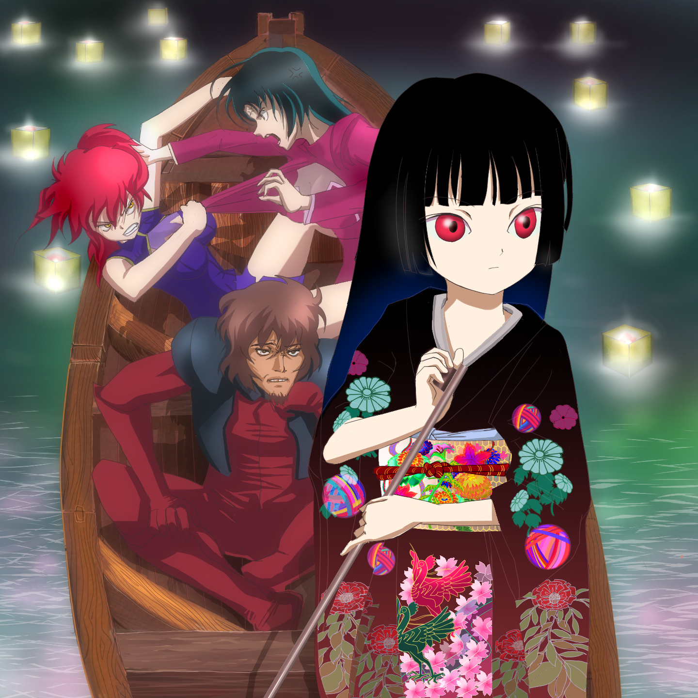 moheji, ali al-saachez, enma ai, nena trinity, wang liu mei, gundam, gundam 00, jigoku shoujo, highres, 1boy, 3girls, angry, black hair, blunt bangs, boat, breasts, candle, catfight, cleavage, clothes pull, flower, good end, grabbing another's hair, hime cut, holding another's hair, japanese clothes, kimono, lantern, lantern on liquid, large breasts, long hair, multiple girls, paper lantern, parody, red eyes, red hair, shirt pull, side ponytail, water, watercraft, yellow eyes