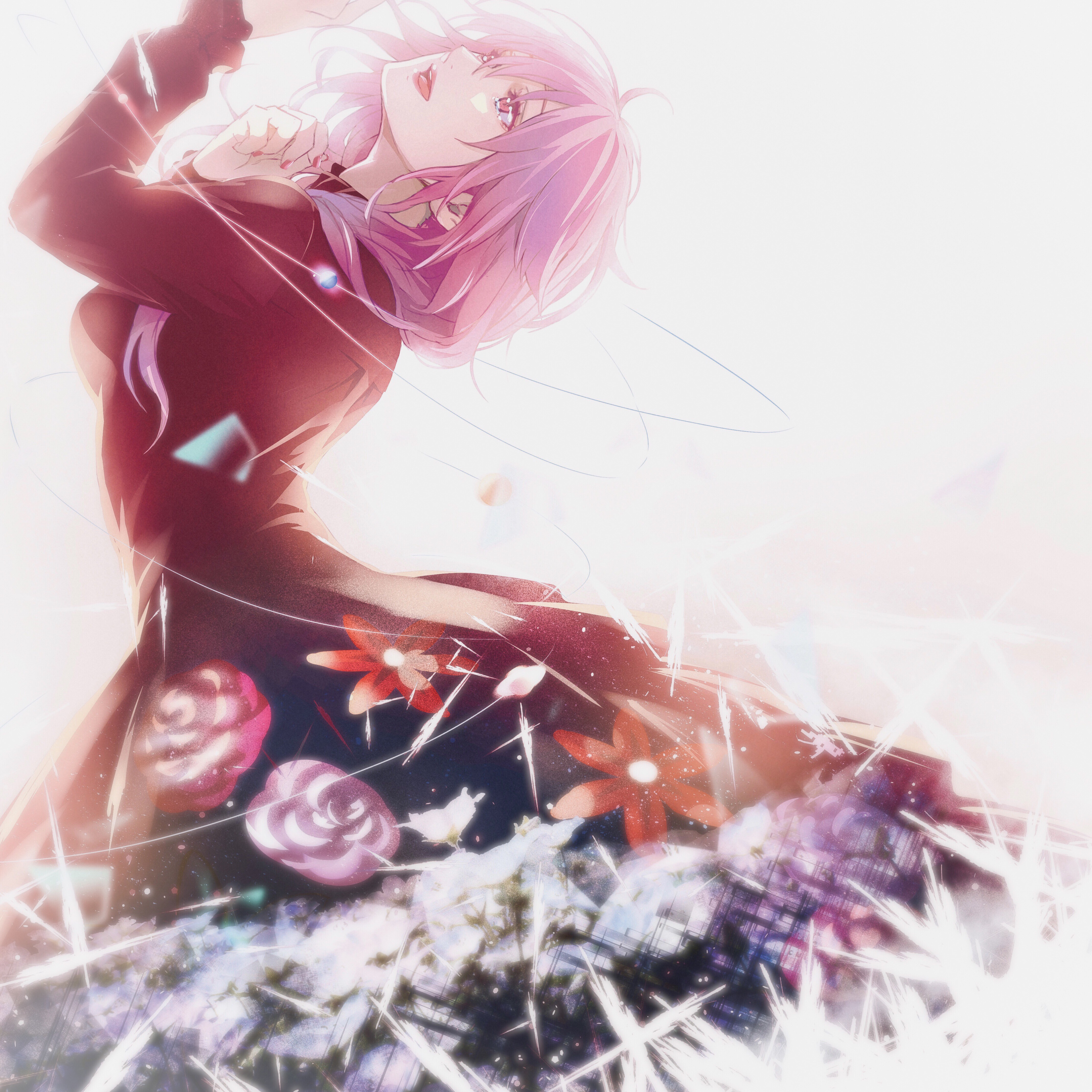 isca, yuzuriha inori, guilty crown, absurdres, check commentary, commentary, commentary request, highres, mixed-language commentary, 1girl, bloom, cowlick, dress, dress flower, flower, flower-trimmed dress, flower dress, hair tubes, long hair, looking up, morse code commentary, no hair ornament, official alternate costume, open mouth, pink hair, pink nails, red dress, red eyes, simple background, solo, twintails, white background