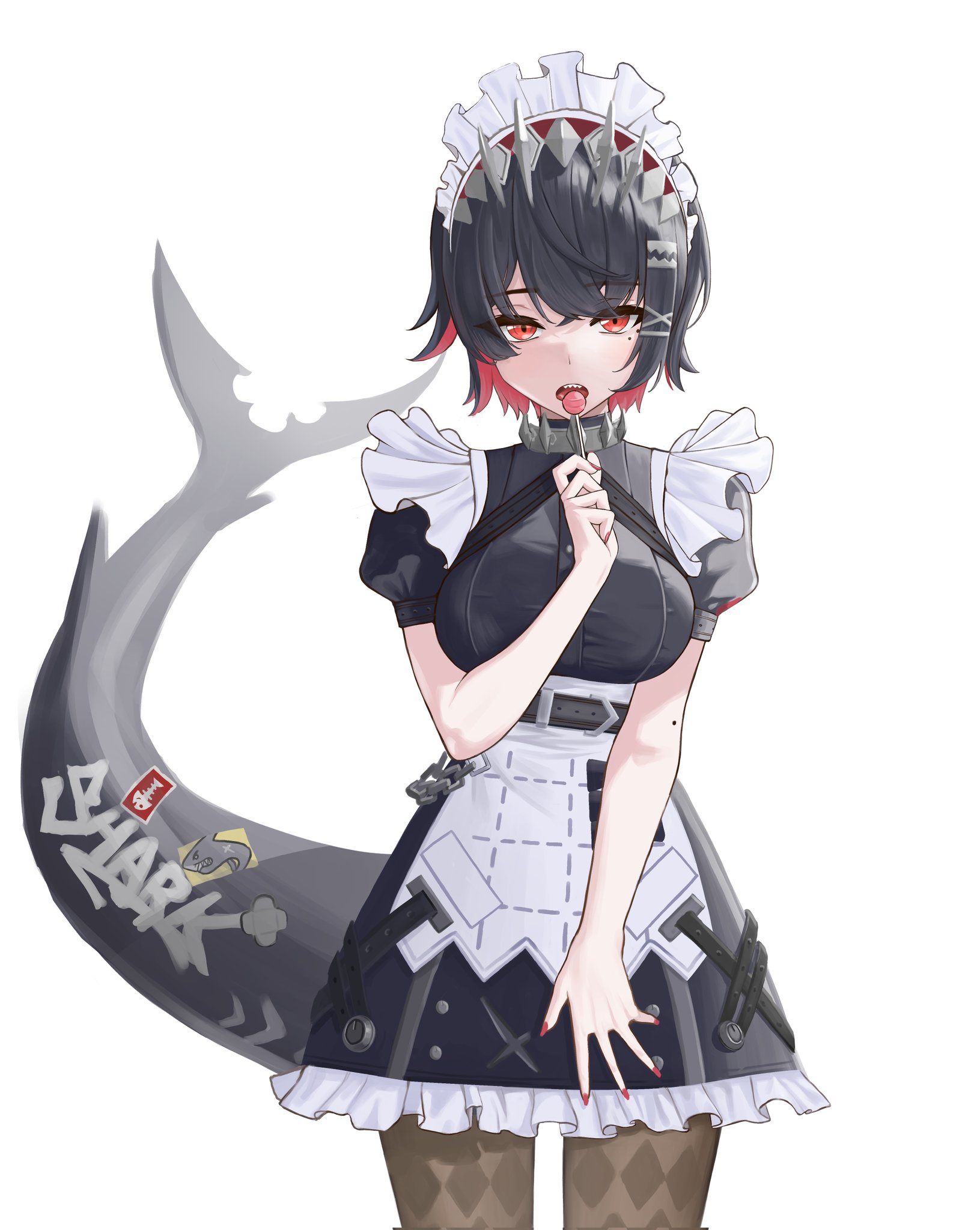 cbwook, ellen joe, zenless zone zero, commentary request, highres, 1girl, black hair, blush, breasts, colored inner hair, fins, fish tail, hair ornament, large breasts, looking at viewer, maid, maid headdress, mole, mole under eye, multicolored hair, pantyhose, red eyes, red hair, shark girl, shark tail, short hair, solo, tail, two-tone hair, white background