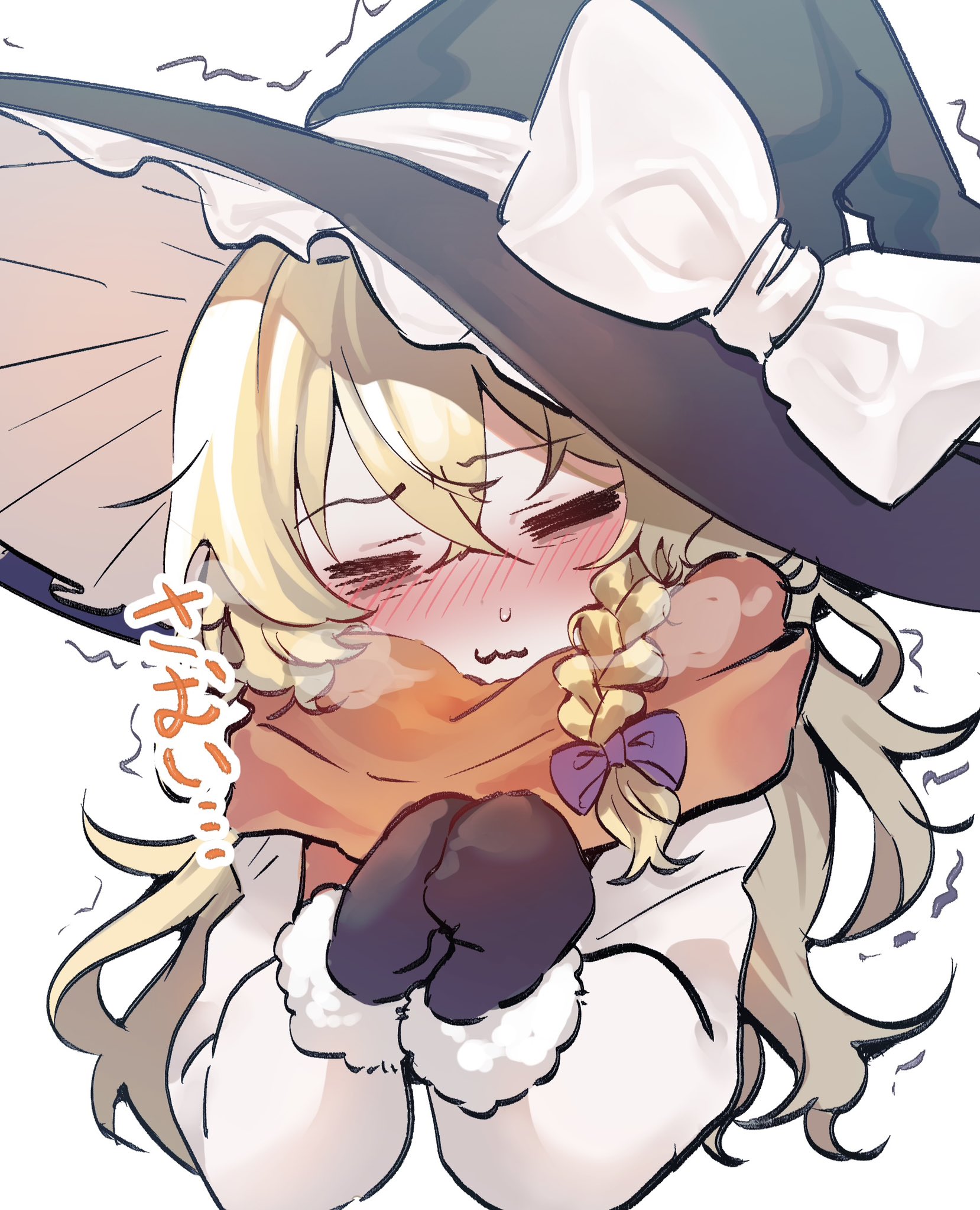 aorin oekaki, kirisame marisa, touhou, commentary request, highres, 1girl, :3, = =, black mittens, blonde hair, blush, bow, braid, closed eyes, double-parted bangs, fur-trimmed sleeves, fur trim, hair between eyes, hair bow, hat, hat bow, jacket, long hair, long sleeves, mittens, orange scarf, purple bow, scarf, simple background, single braid, solo, sweatdrop, trembling, upper body, white background, white bow, white jacket, witch hat