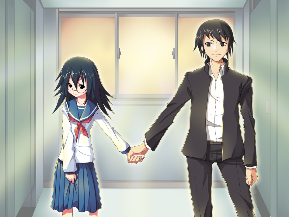 koflif, kitahara aya, kurosawa kakeru, onanie master kurosawa, bad id, bad pixiv id, 1boy, 1girl, bathroom, black hair, blue hair, couple, gakuran, glasses, hetero, holding hands, public restroom, school uniform, serafuku