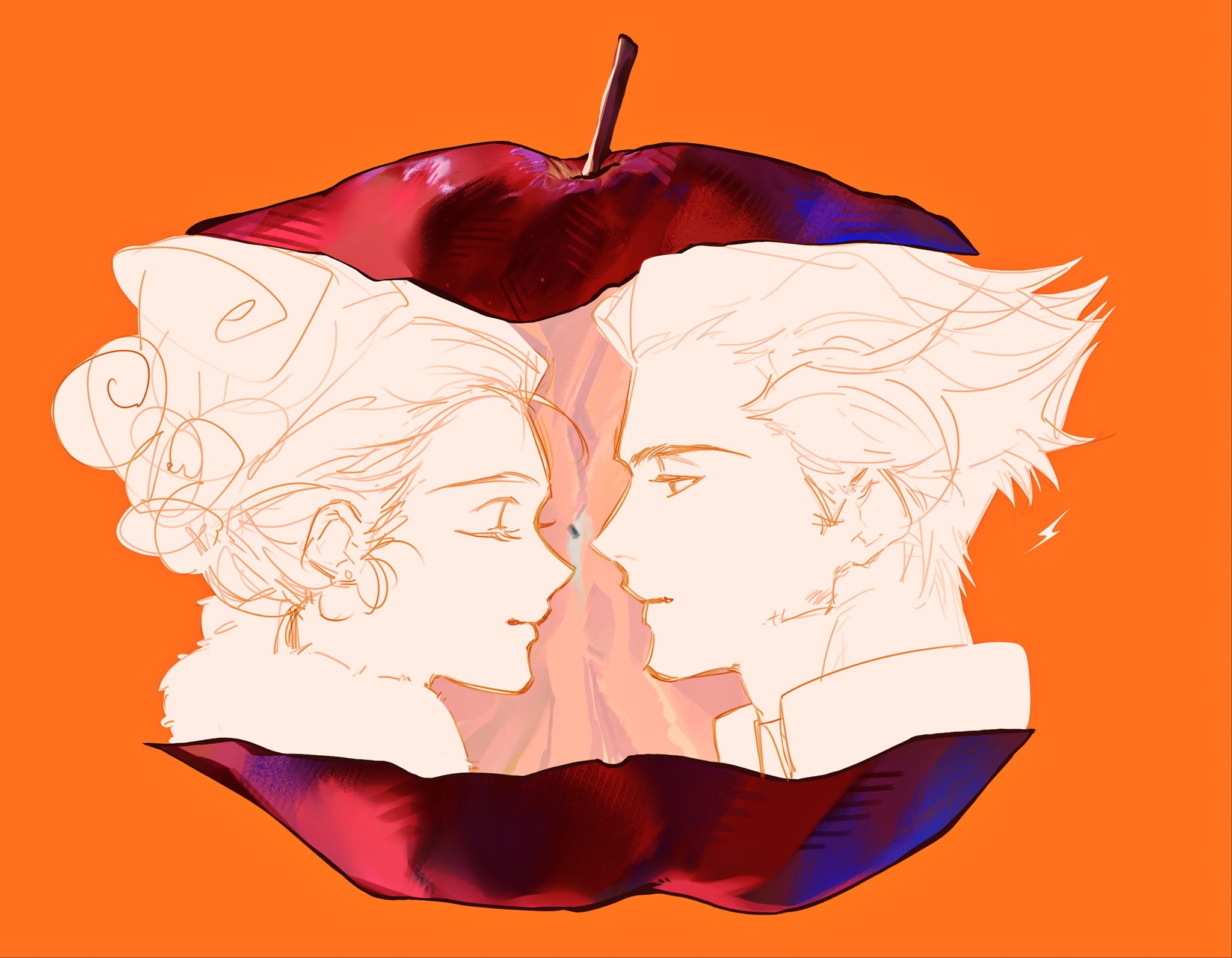 nynnynmoimoi, alexander (veil), emma (veil), veil (manga), hashtag-only commentary, highres, 1boy, 1girl, apple, apple core, appletrend, closed eyes, closed mouth, food, fruit, hair bun, lone nape hair, long eyelashes, looking at another, orange background, profile, short hair