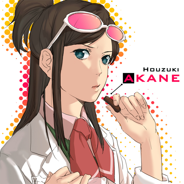 tuuuh, ema skye, ace attorney, apollo justice: ace attorney, capcom, bad id, bad pixiv id, 1girl, aqua eyes, brown hair, eating, female focus, food, half updo, lab coat, sleeves rolled up, solo, sunglasses